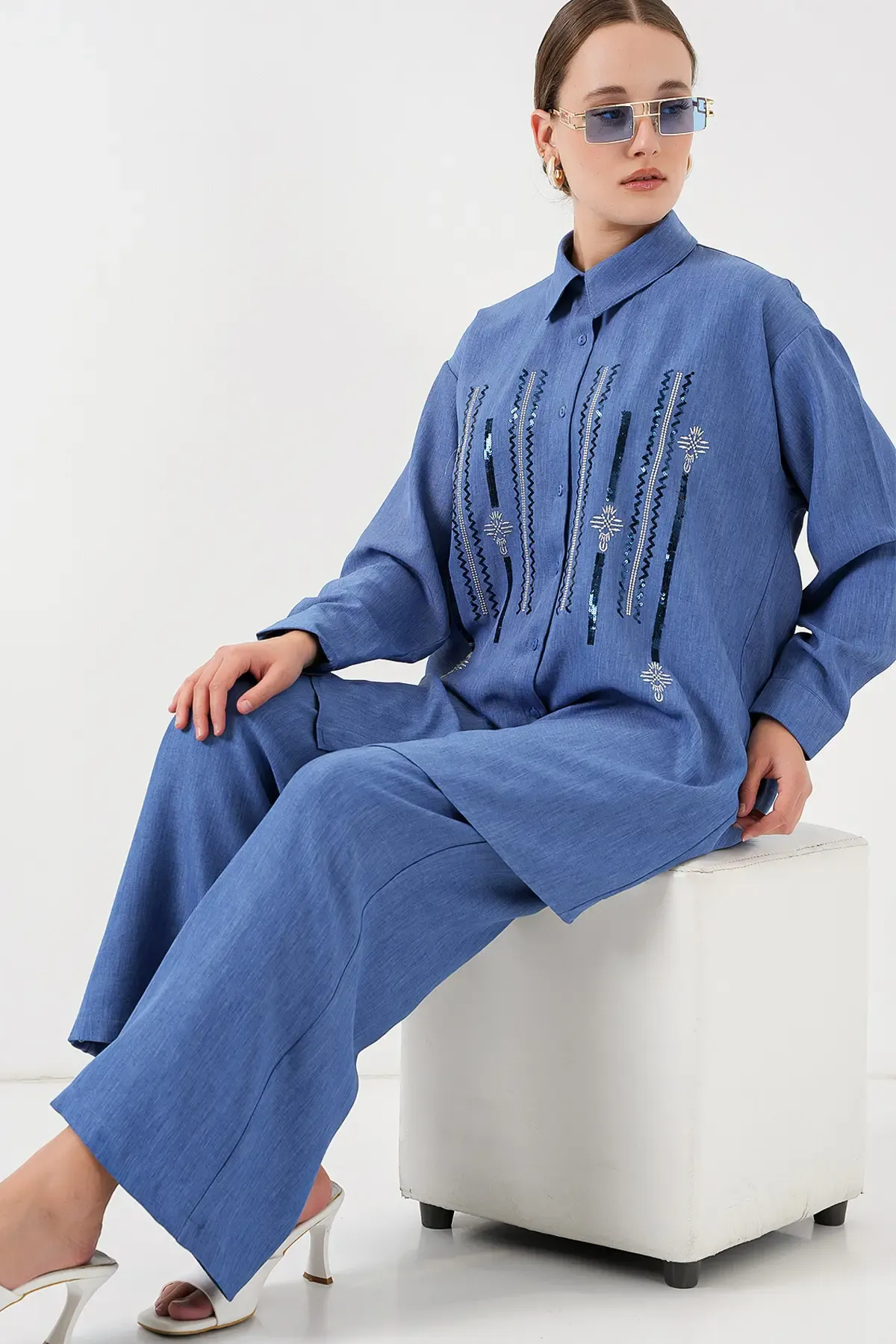 Desenli Tunik Pantolon İkili Takım 6720 - İndigo