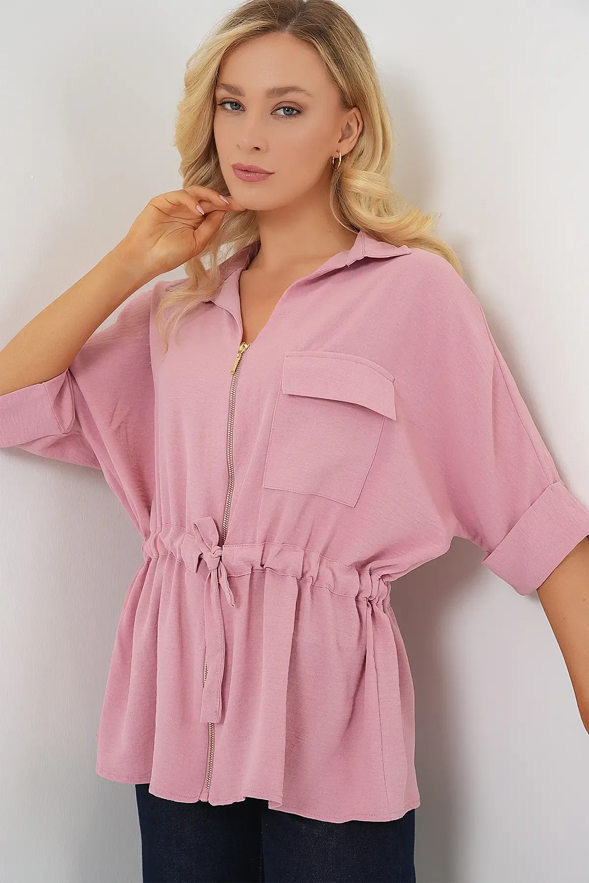 Fermuarlı Kadın Gömlek 0721 - Pudra
