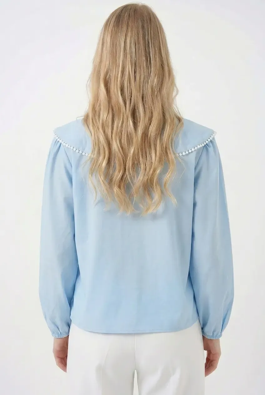 Kadın Açık Mavi Bebe Yaka Düğmeli Şık Günlük Gömlek HZL26S-BD1203141