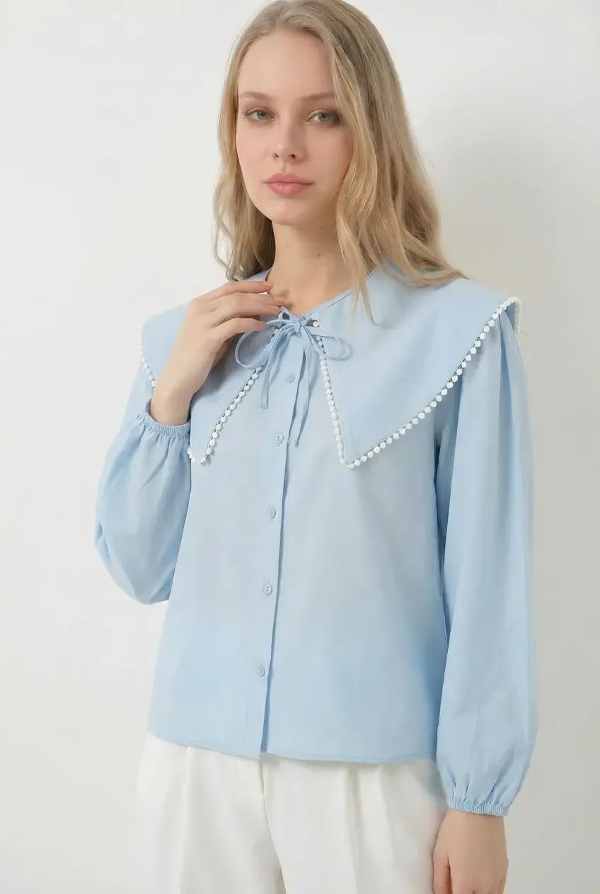 Kadın Açık Mavi Bebe Yaka Düğmeli Şık Günlük Gömlek HZL26S-BD1203141