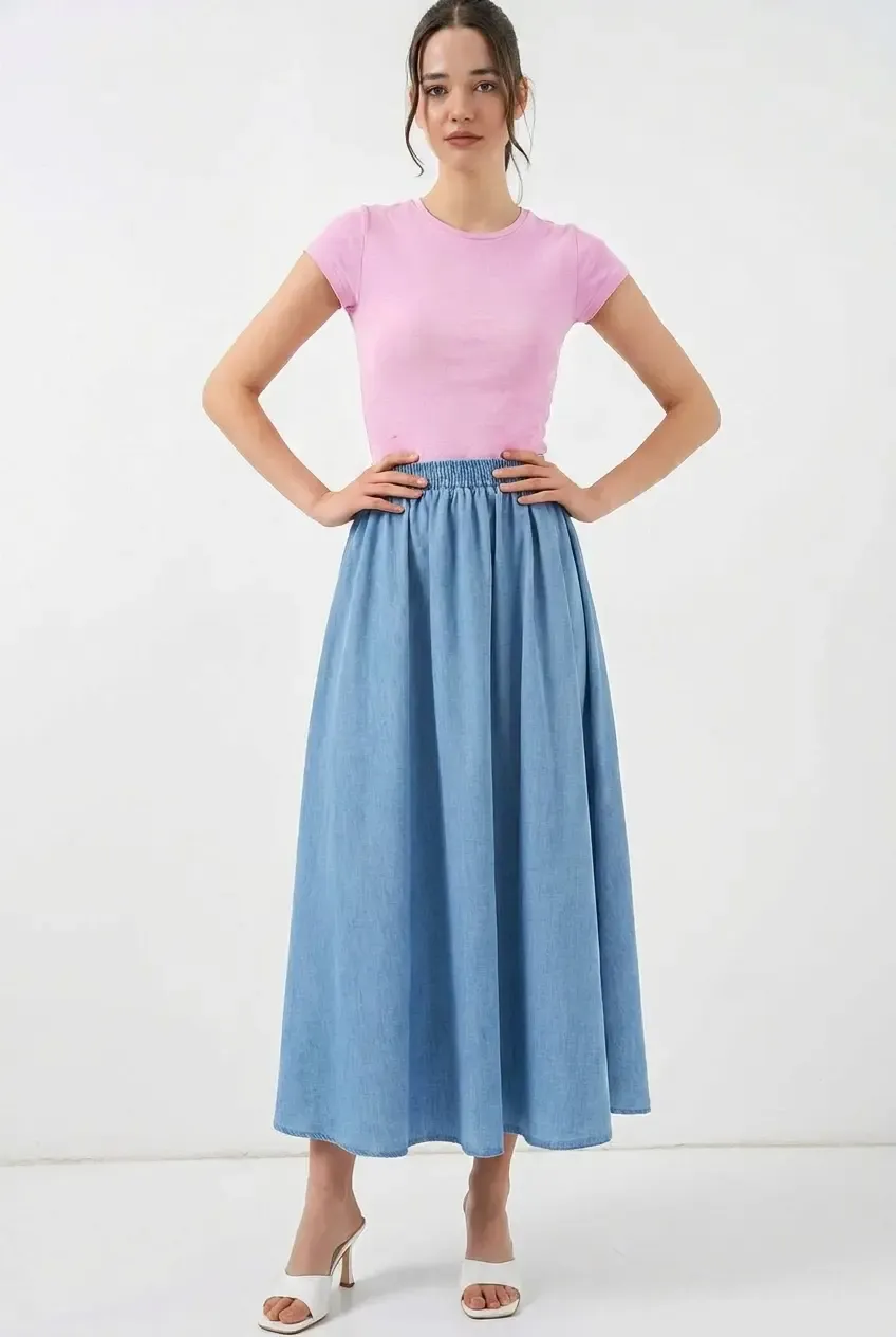 Kadın Açık Mavi Beli Lastikli Uzun Kot Etek HZL26W-BD180621