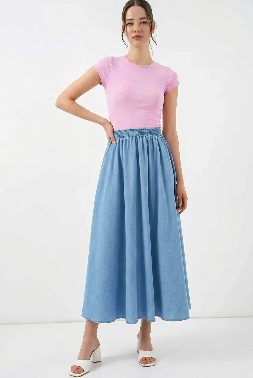 Kadın Açık Mavi Beli Lastikli Uzun Kot Etek HZL26W-BD180621