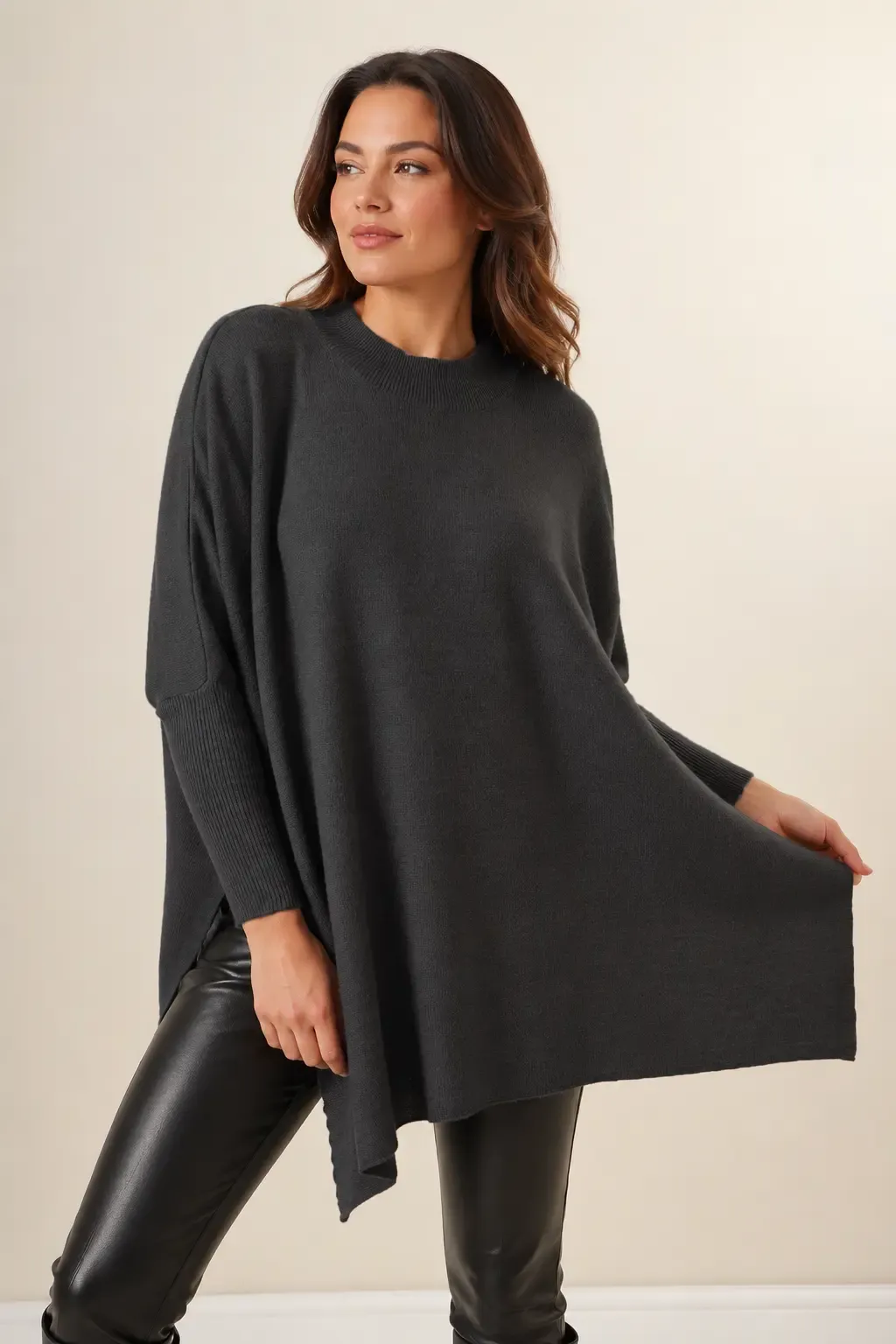 Kadın Antrasit Oversize Yırtmaçlı Panço Triko Kazak Hzl23w-bd1100761