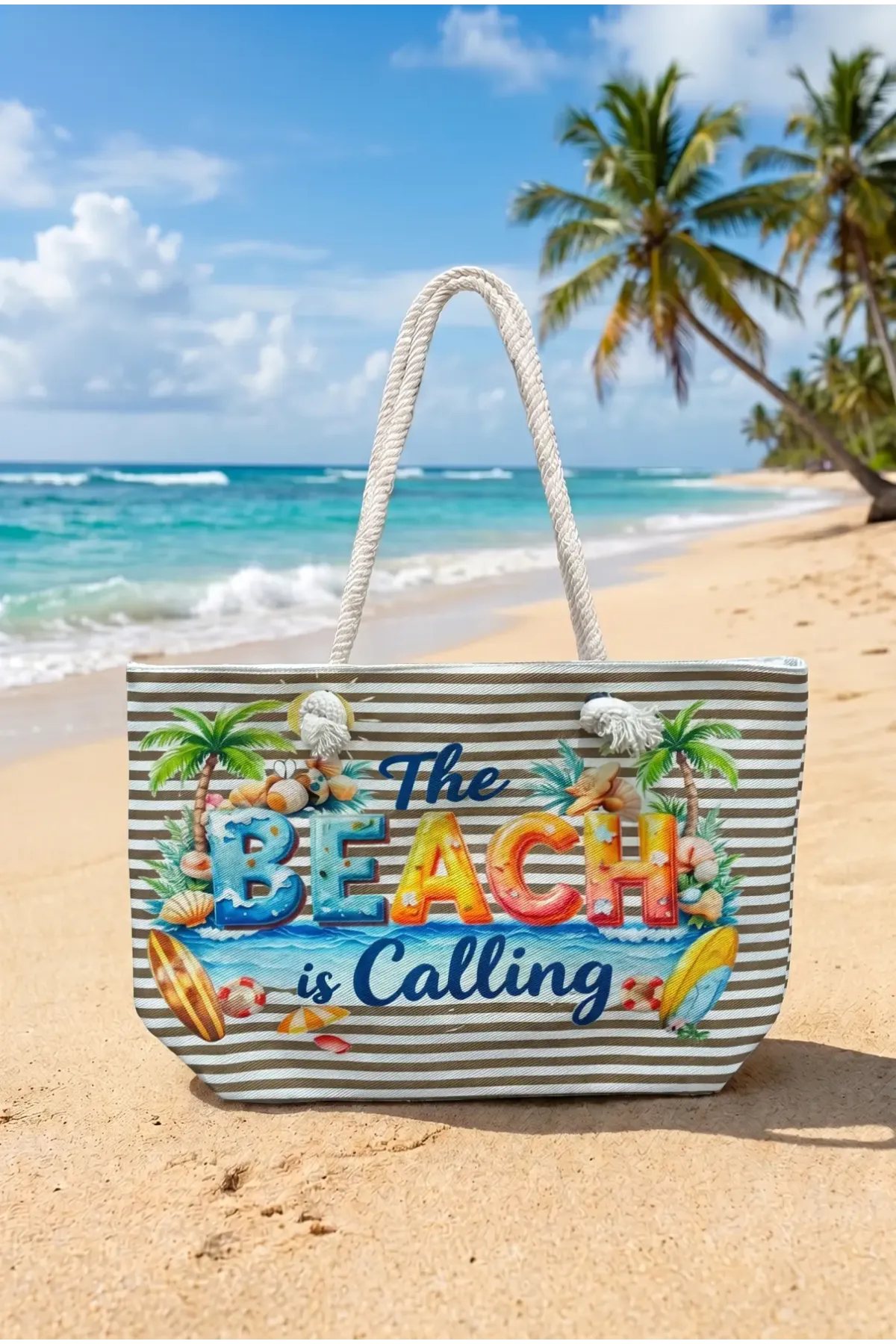 Kadın Beach Is Calling Baskılı Büyük Boy Plaj Çantası HZL26S-TT01
