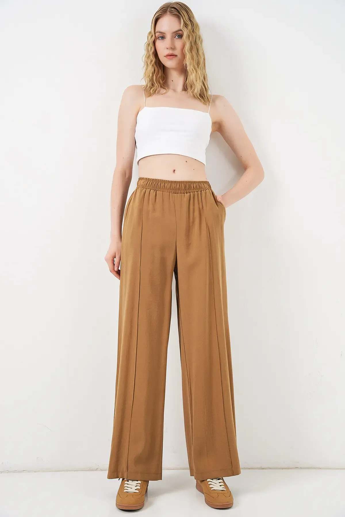 Kadın Beli Lastikli Bol Paça Pantolon 30087 - Taba