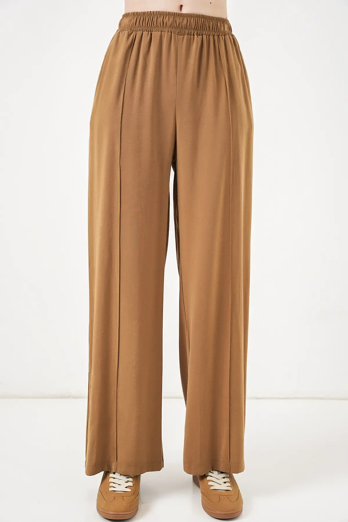 Kadın Beli Lastikli Bol Paça Pantolon 30087 - Taba