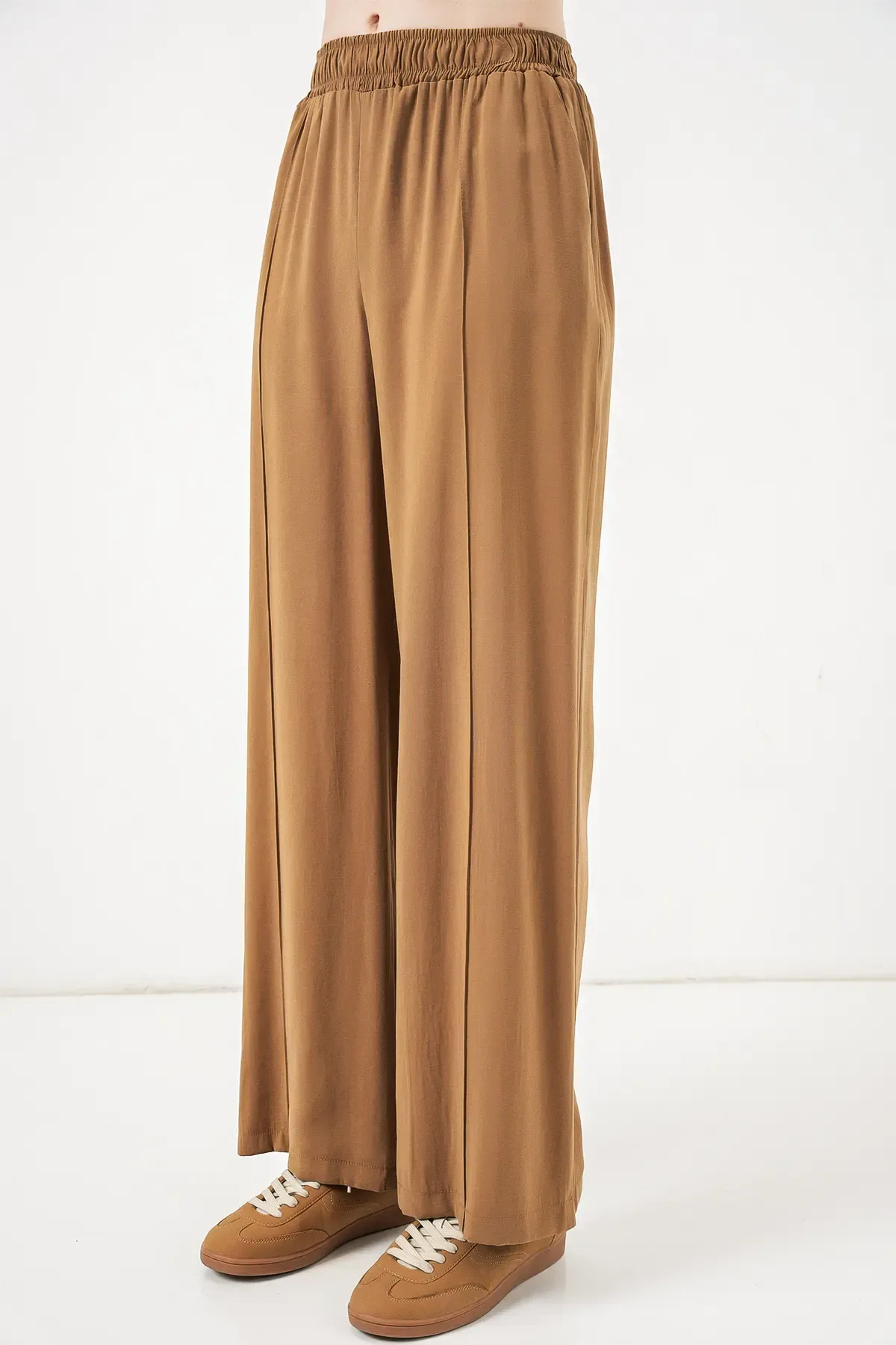 Kadın Beli Lastikli Bol Paça Pantolon 30087 - Taba