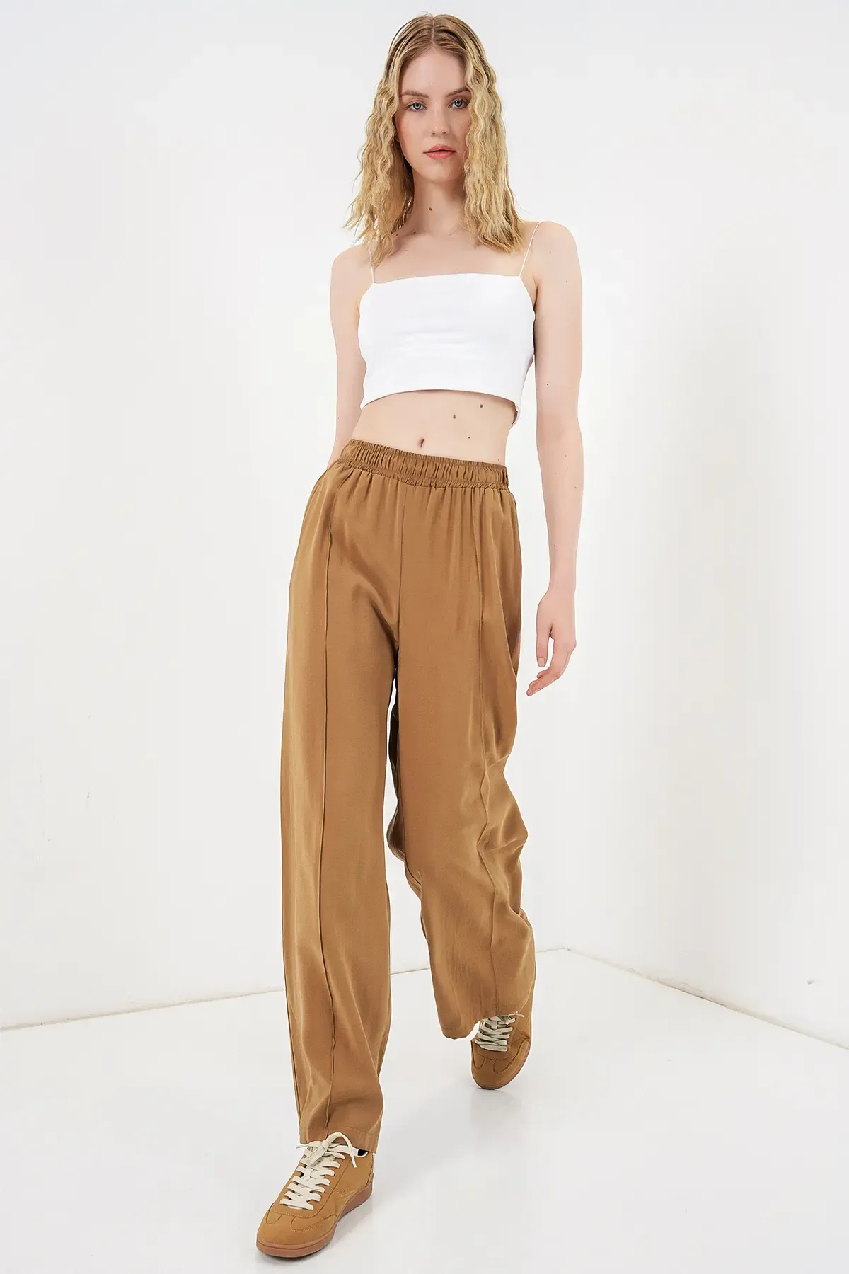 Kadın Beli Lastikli Bol Paça Pantolon 30087 - Taba