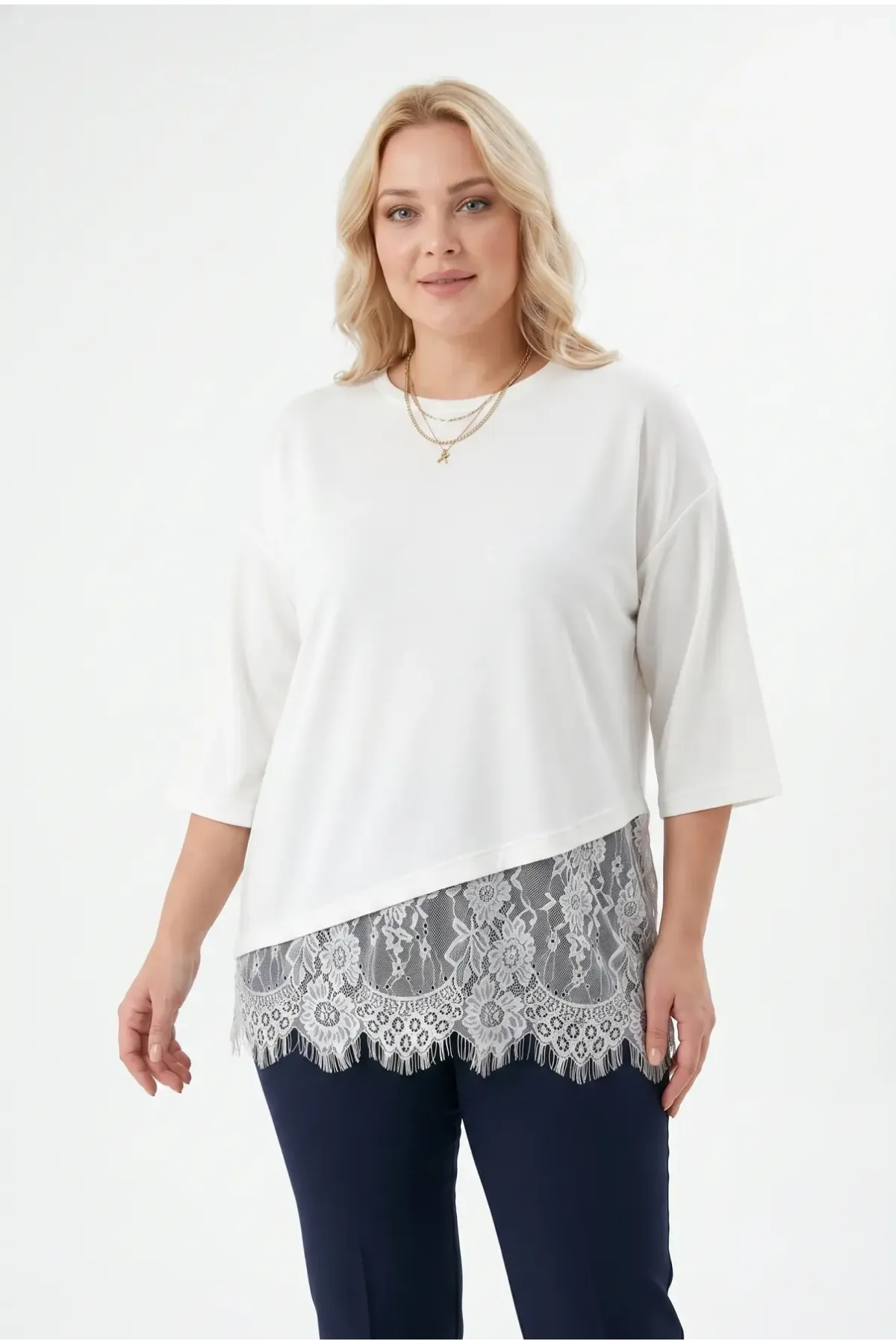 Kadın Beyaz Büyük Beden Bisiklet Yaka Tül Detaylı Yarım Kol T-Shirt HZL26S-ZSS19521