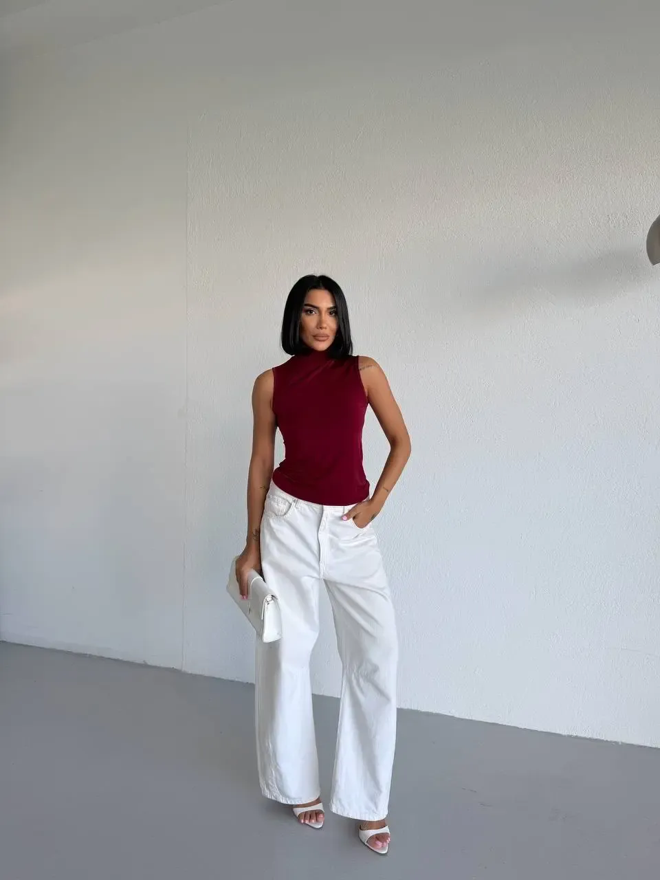 Kadın Bordo Balıkçı Yaka Sıfır Kol Sandy Crop Bluz HZL26S-FRY123931