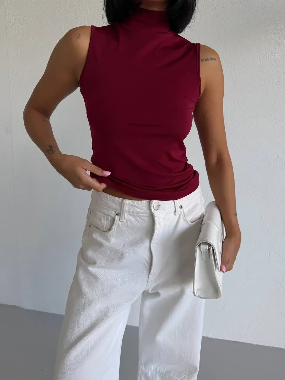 Kadın Bordo Balıkçı Yaka Sıfır Kol Sandy Crop Bluz HZL26S-FRY123931