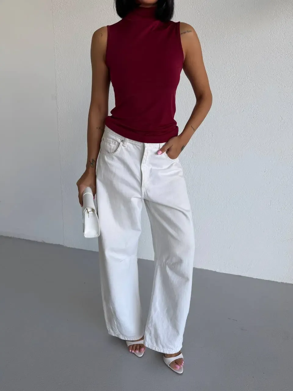 Kadın Bordo Balıkçı Yaka Sıfır Kol Sandy Crop Bluz HZL26S-FRY123931