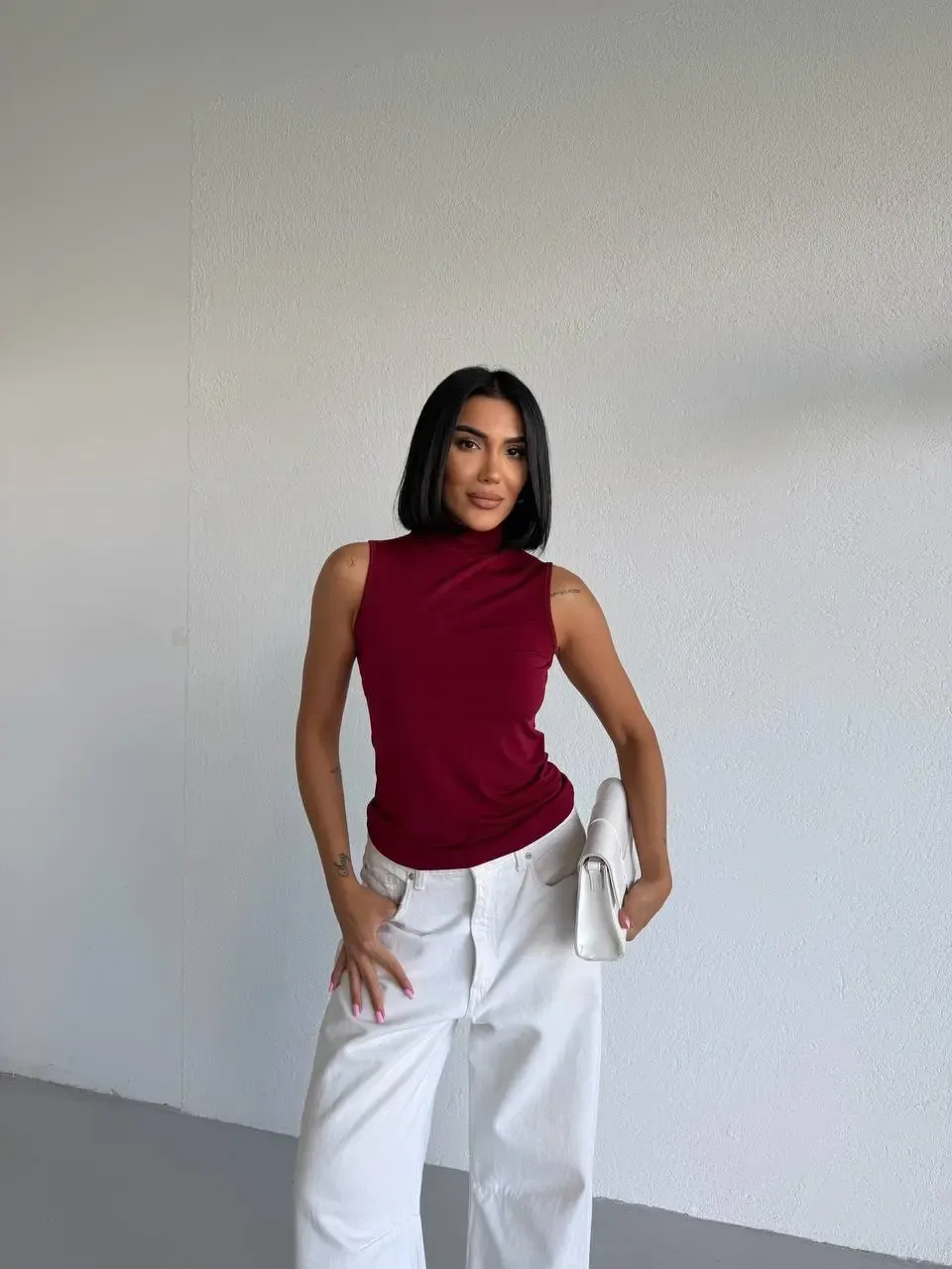 Kadın Bordo Balıkçı Yaka Sıfır Kol Sandy Crop Bluz HZL26S-FRY123931