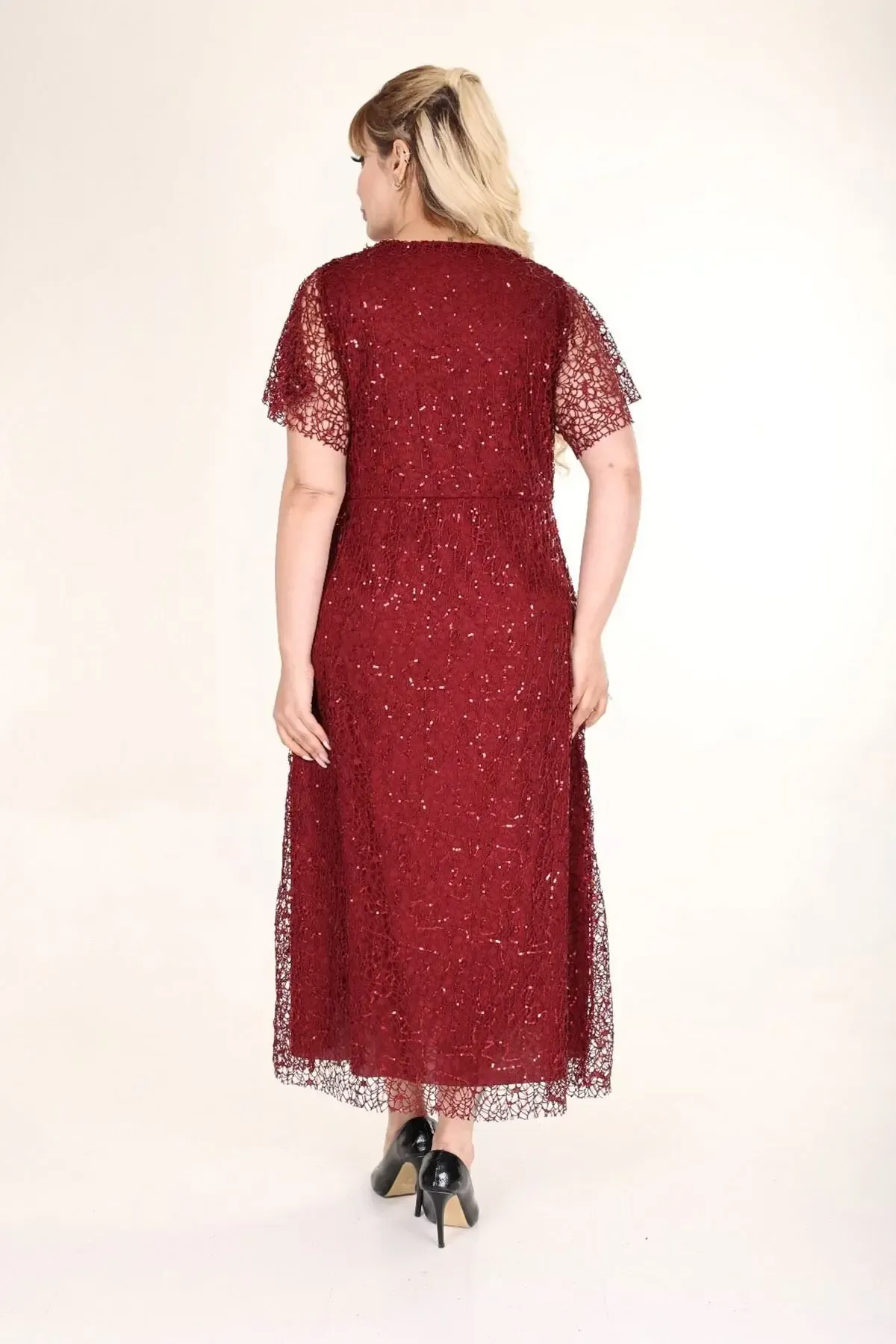 Kadın Bordo Büyük Beden Kruvaze Yaka Payetli Abiye Elbise HZL26S-PR11171