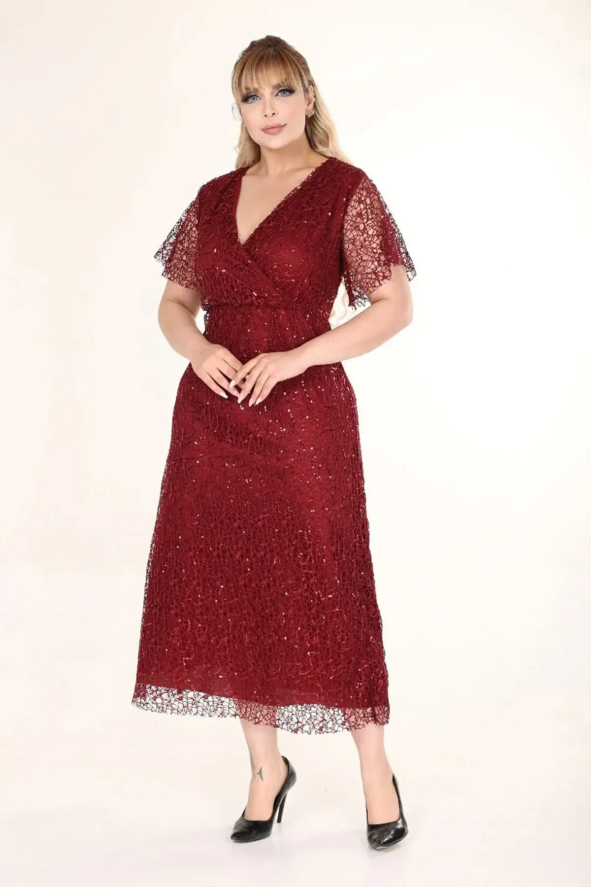 Kadın Bordo Büyük Beden Kruvaze Yaka Payetli Abiye Elbise HZL26S-PR11171