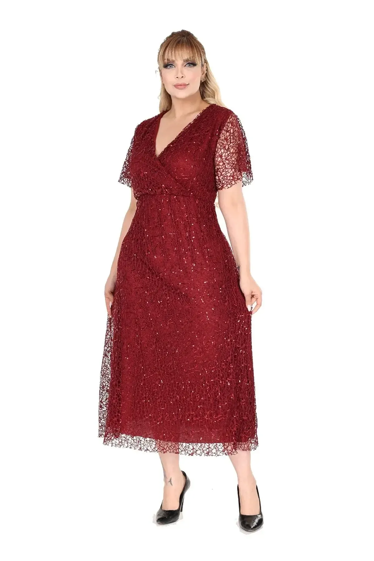 Kadın Bordo Büyük Beden Kruvaze Yaka Payetli Abiye Elbise HZL26S-PR11171