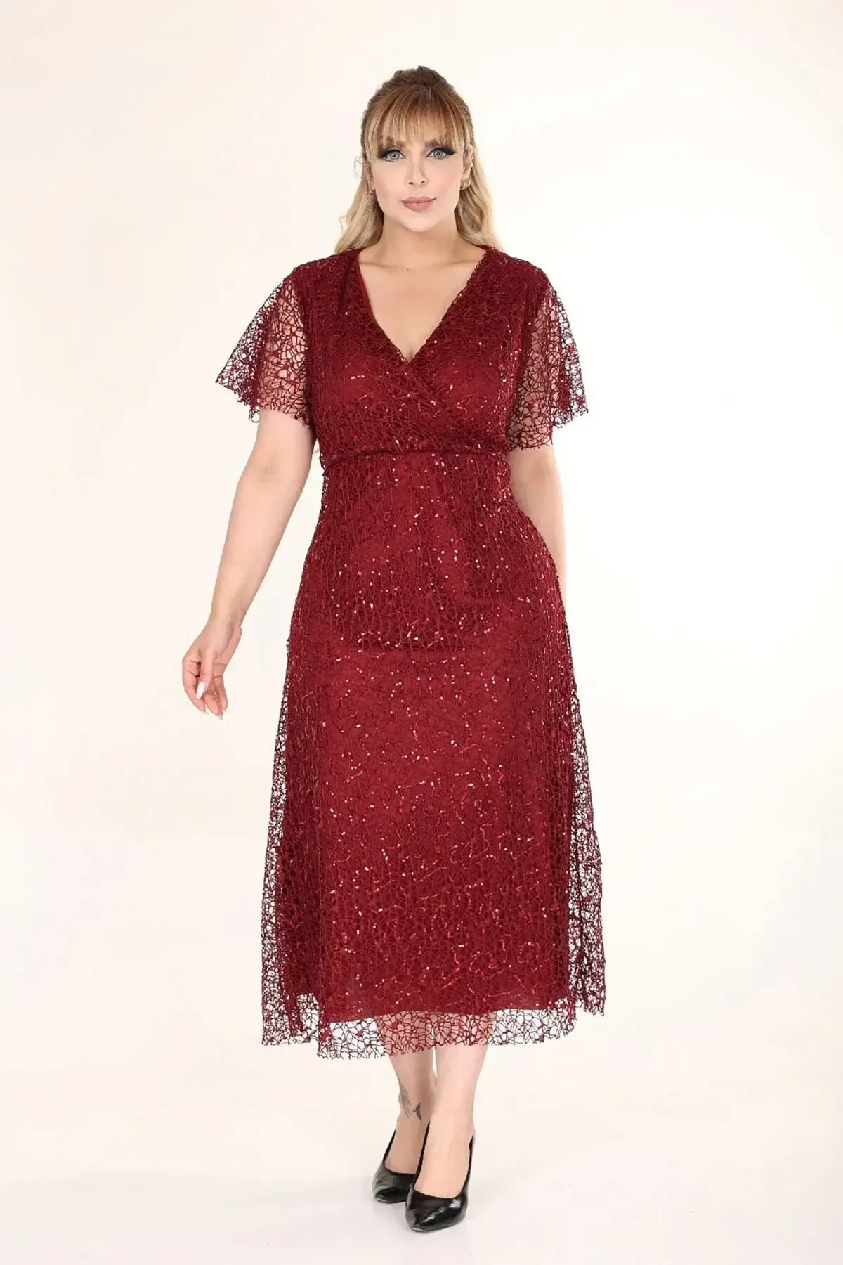 Kadın Bordo Büyük Beden Kruvaze Yaka Payetli Abiye Elbise HZL26S-PR11171