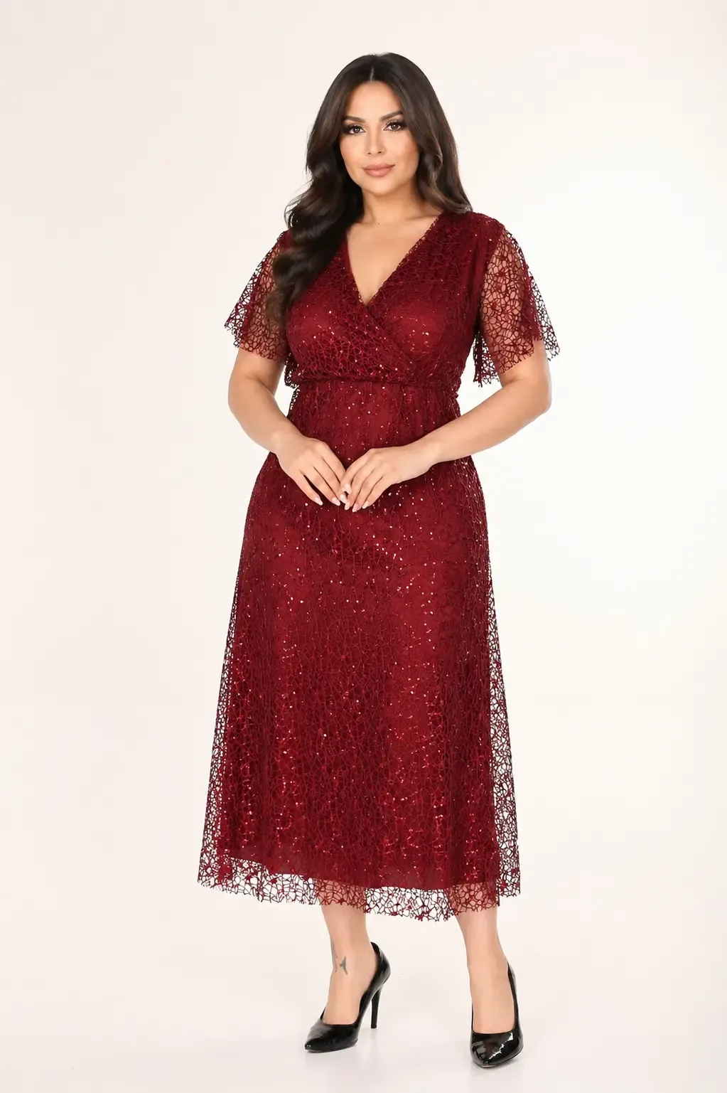 Kadın Bordo Büyük Beden Kruvaze Yaka Payetli Abiye Elbise HZL26S-PR11171