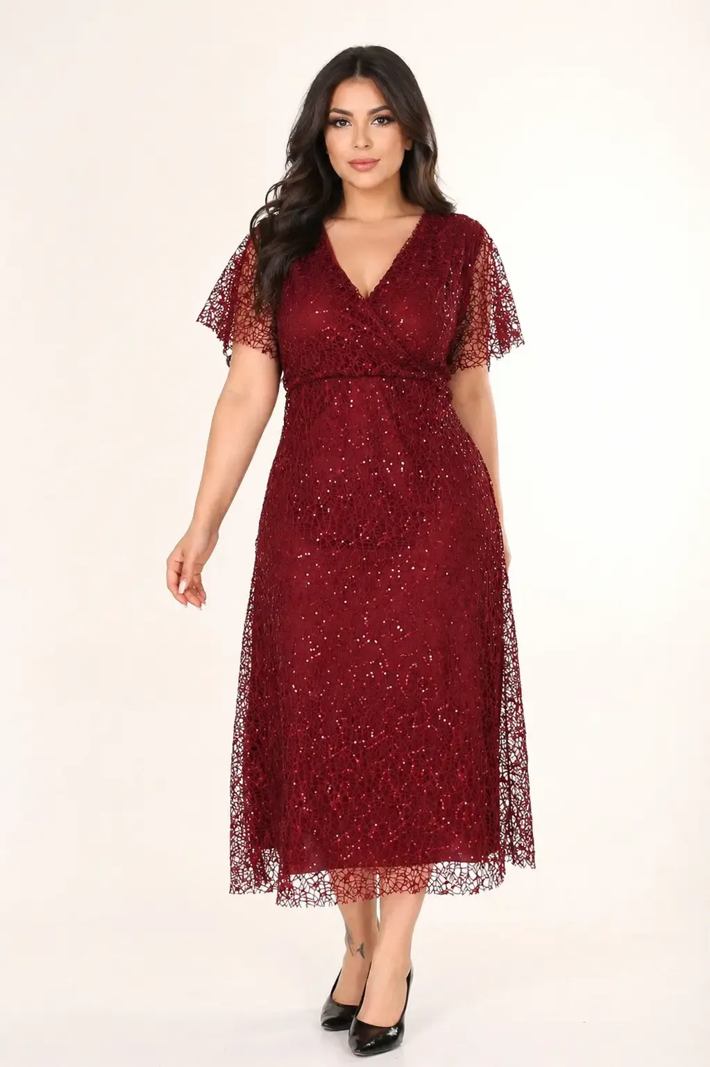 Kadın Bordo Büyük Beden Kruvaze Yaka Payetli Abiye Elbise HZL26S-PR11171