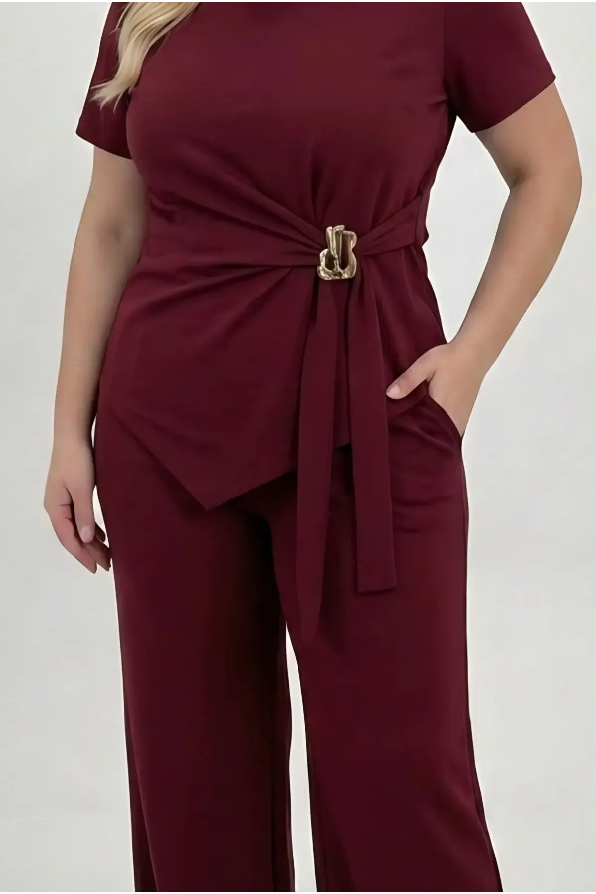 Kadın Bordo Büyük Beden Oysho Kumaş Gold Toka Detaylı Alt Üst Takım HZL26S-ZSS111291