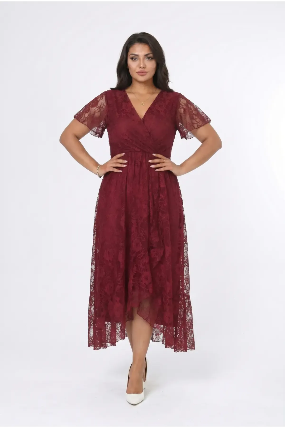 Kadın Bordo Büyük Beden V Yaka Astarlı Dantel Detaylı Şık Abiye Elbise HZL26S-PR11071