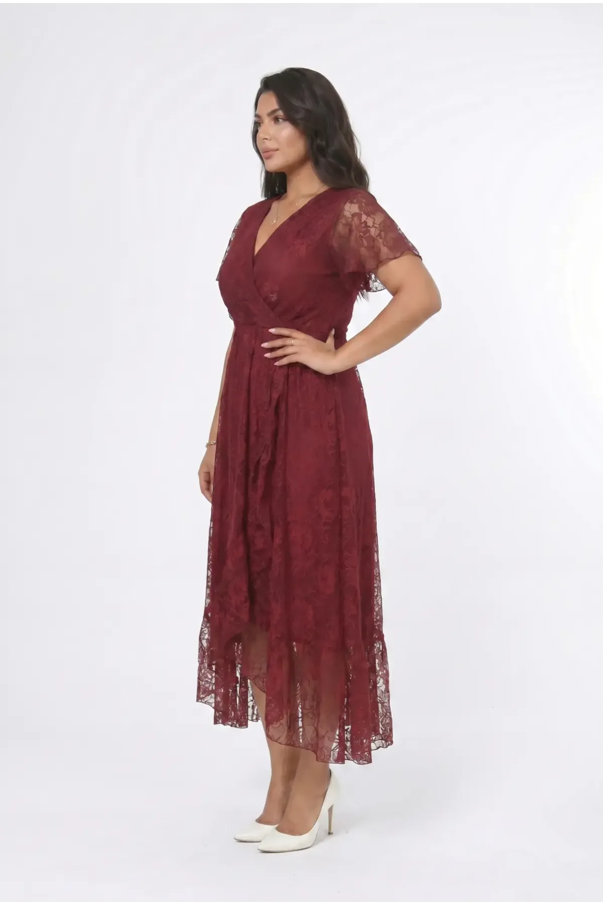 Kadın Bordo Büyük Beden V Yaka Astarlı Dantel Detaylı Şık Abiye Elbise HZL26S-PR11071