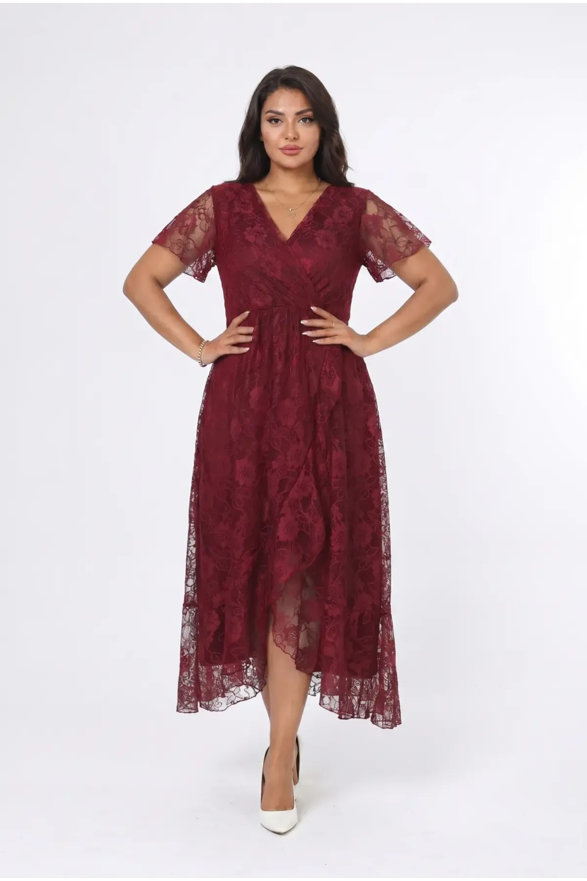 Kadın Bordo Büyük Beden V Yaka Astarlı Dantel Detaylı Şık Abiye Elbise HZL26S-PR11071