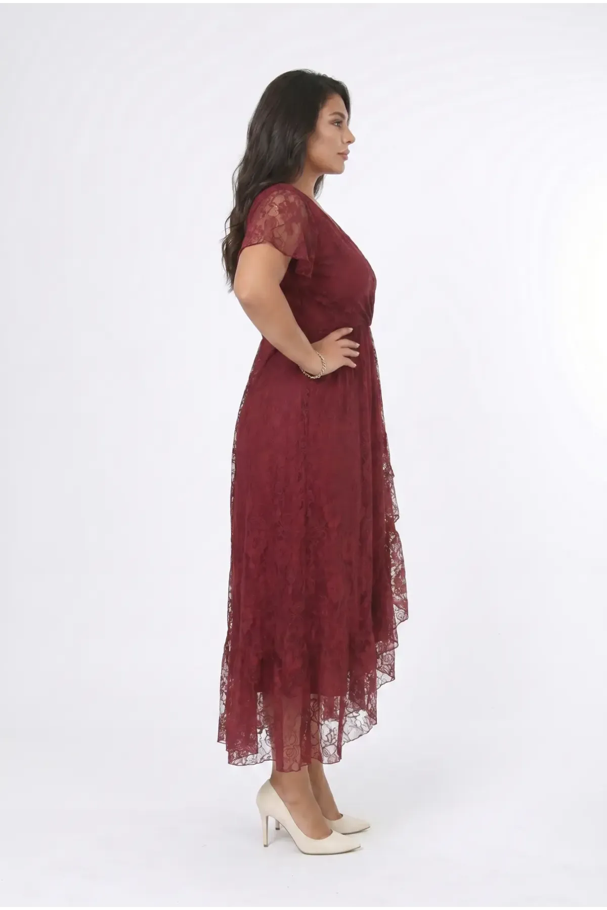 Kadın Bordo Büyük Beden V Yaka Astarlı Dantel Detaylı Şık Abiye Elbise HZL26S-PR11071