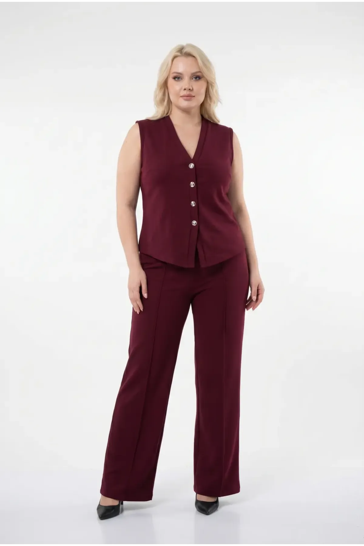 Kadın Bordo Büyük Beden V Yaka Yelek Pantolon İkili Takım HZL26S-PR12131
