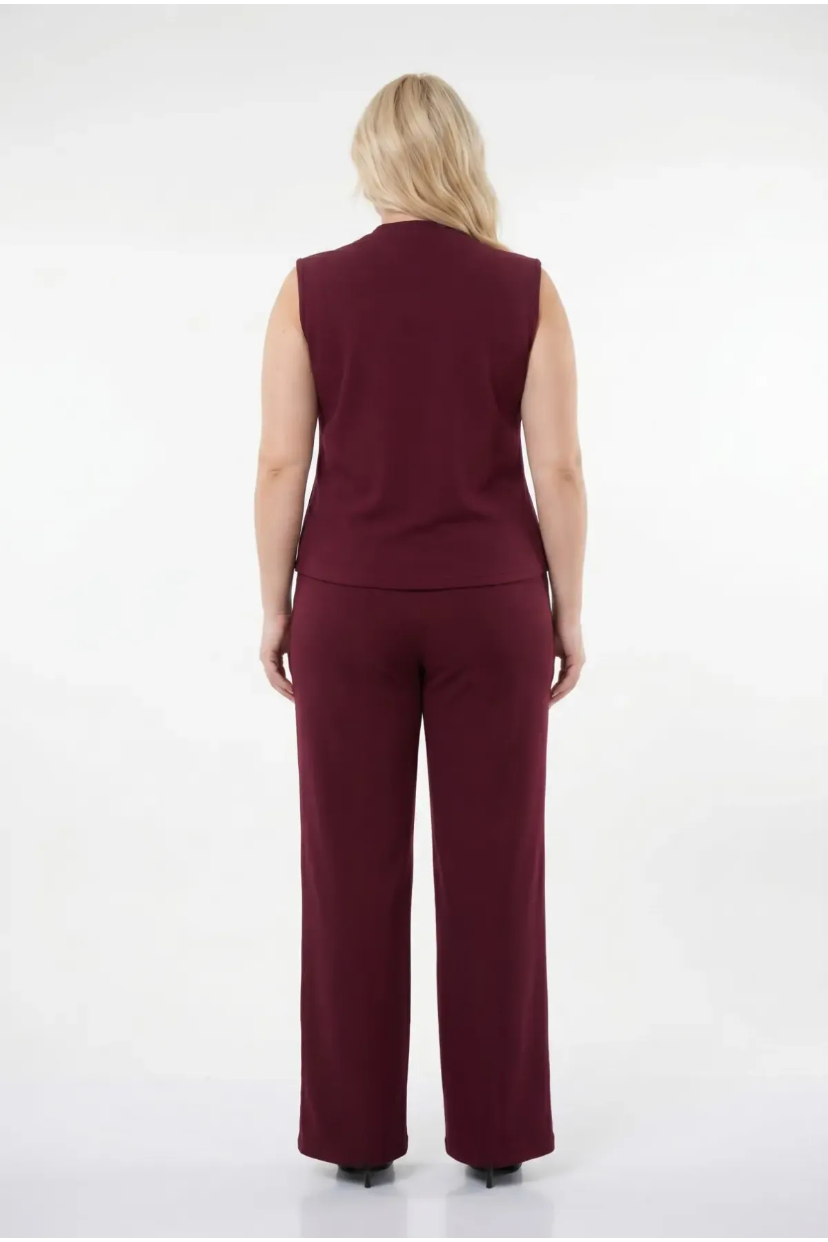 Kadın Bordo Büyük Beden V Yaka Yelek Pantolon İkili Takım HZL26S-PR12131