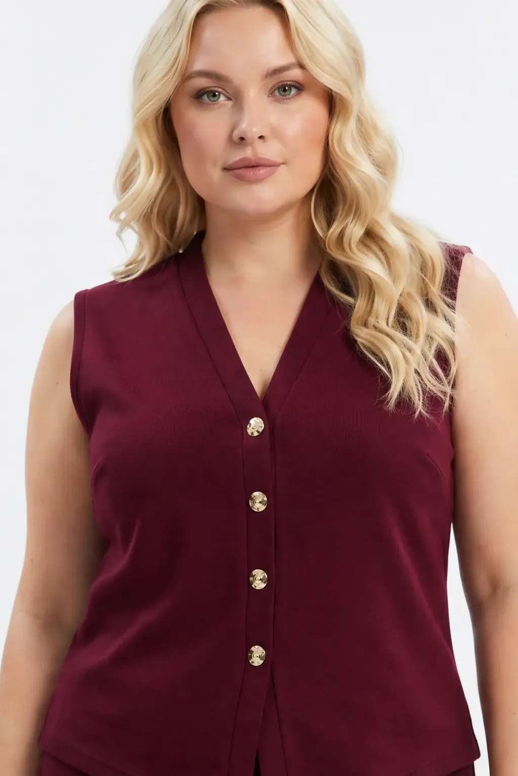 Kadın Bordo Büyük Beden V Yaka Yelek Pantolon İkili Takım HZL26S-PR12131