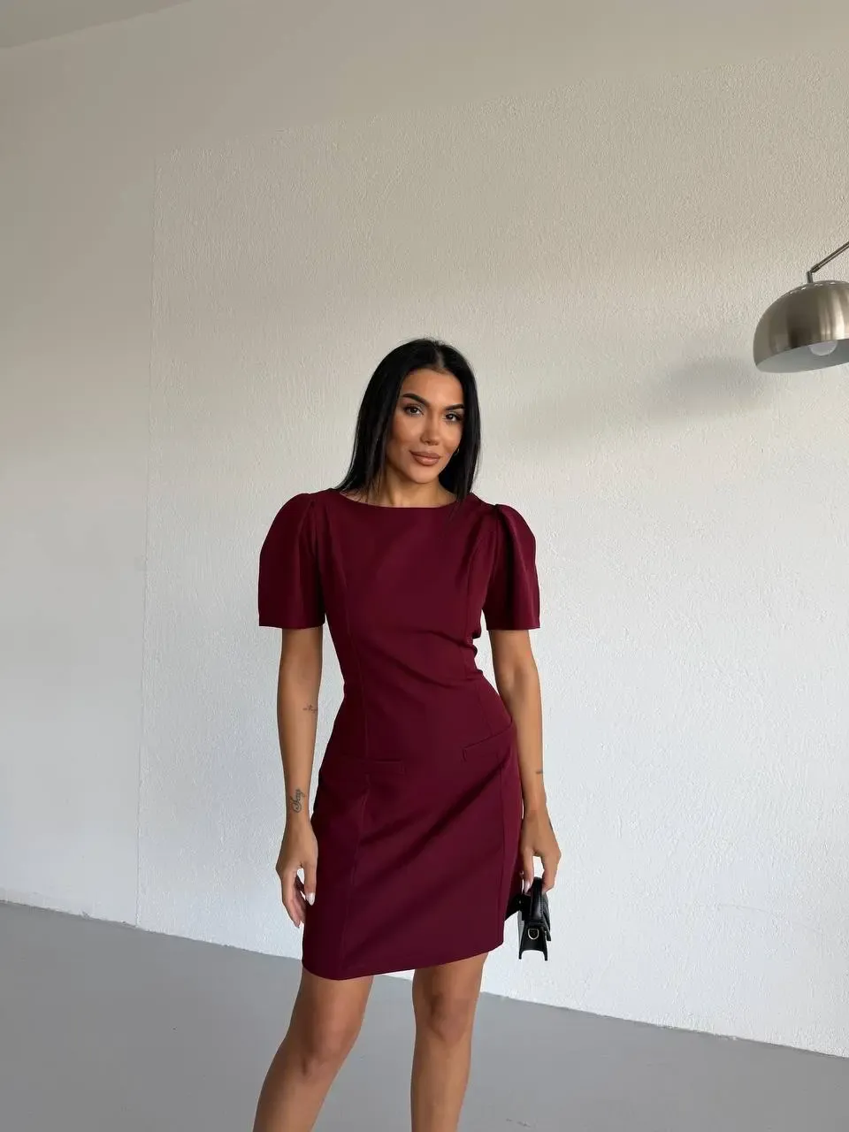 Kadın Bordo Kayık Yaka Fileto Cep Kısa Kollu Mini Elbise HZL26S-FRY123891
