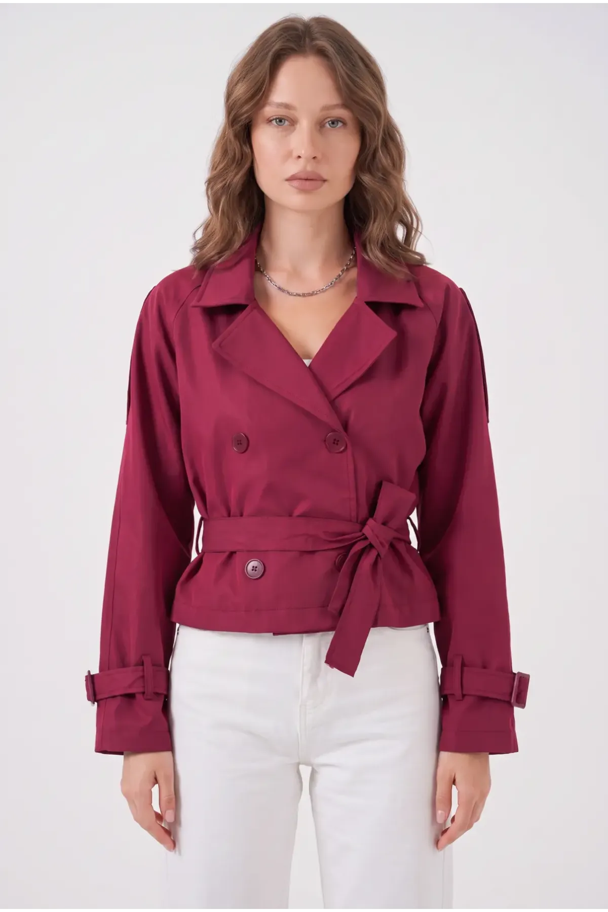 Kadın Bordo Kruvaze Yaka Kuşaklı Astarlı Kısa Trençkot HZL25W-BD159701