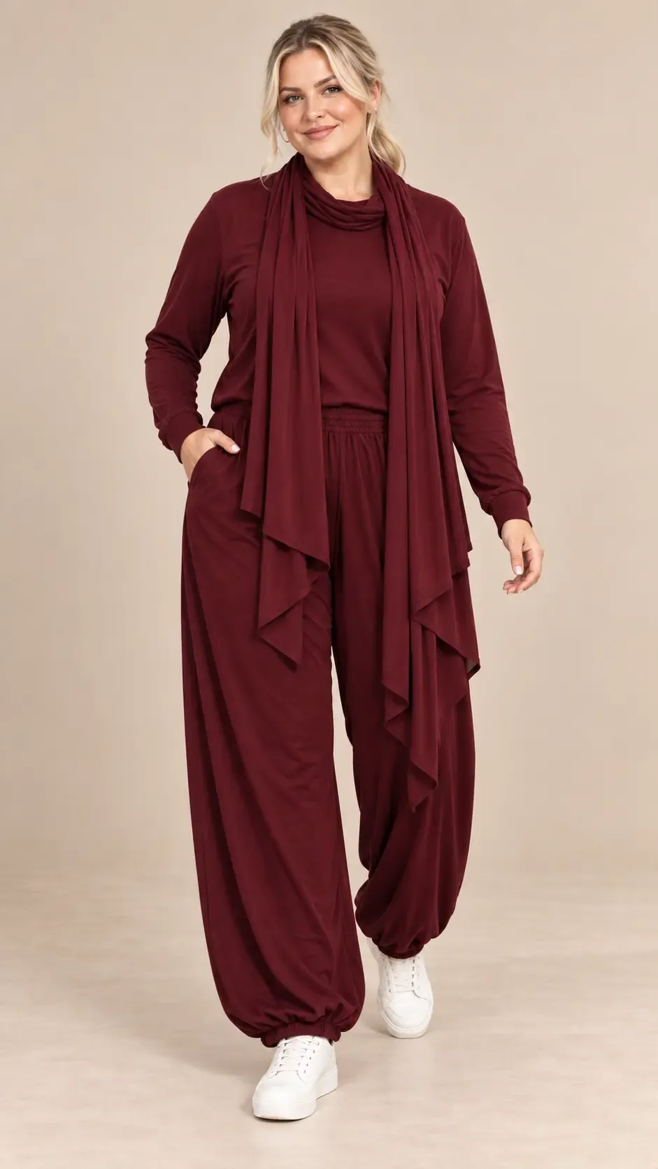 Kadın Büyük Beden Oysho Kumaş Bordo Şallı Bluz Lastikli Pantolon Üçlü Takım HZL26S-ZSS19911