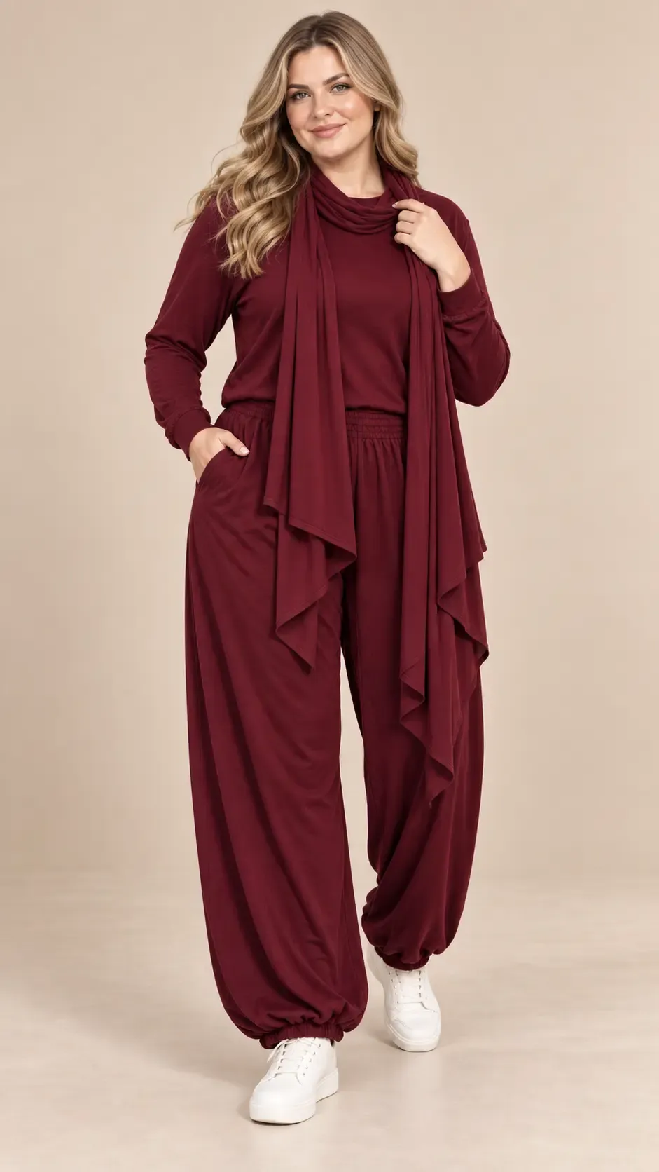 Kadın Büyük Beden Oysho Kumaş Bordo Şallı Bluz Lastikli Pantolon Üçlü Takım HZL26S-ZSS19911