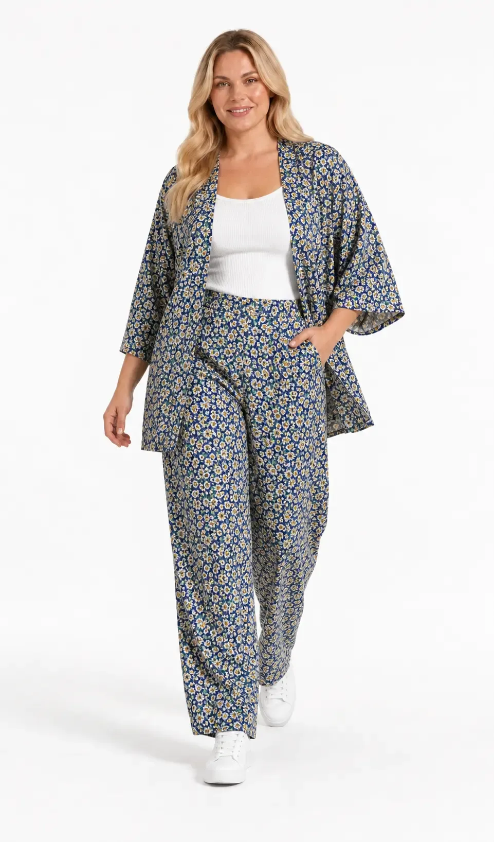 Kadın Büyük Beden Sarı Çiçek Desenli Mavi Kimono Takım HZL26S-PR10181