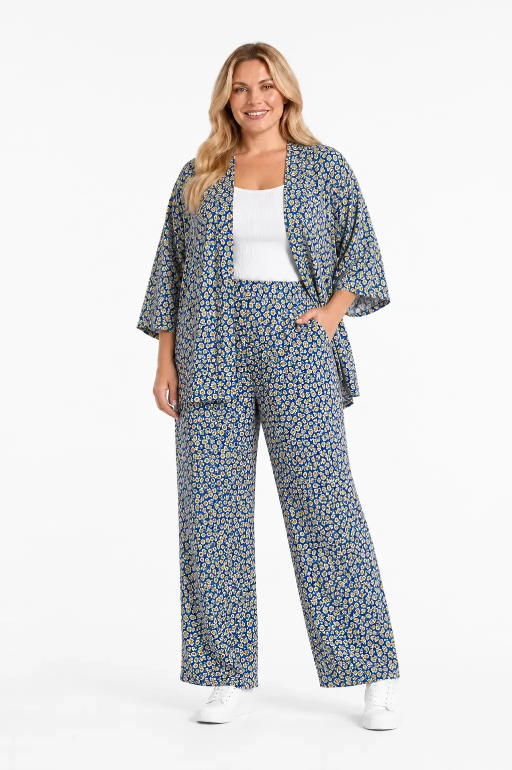 Kadın Büyük Beden Sarı Çiçek Desenli Mavi Kimono Takım HZL26S-PR10181