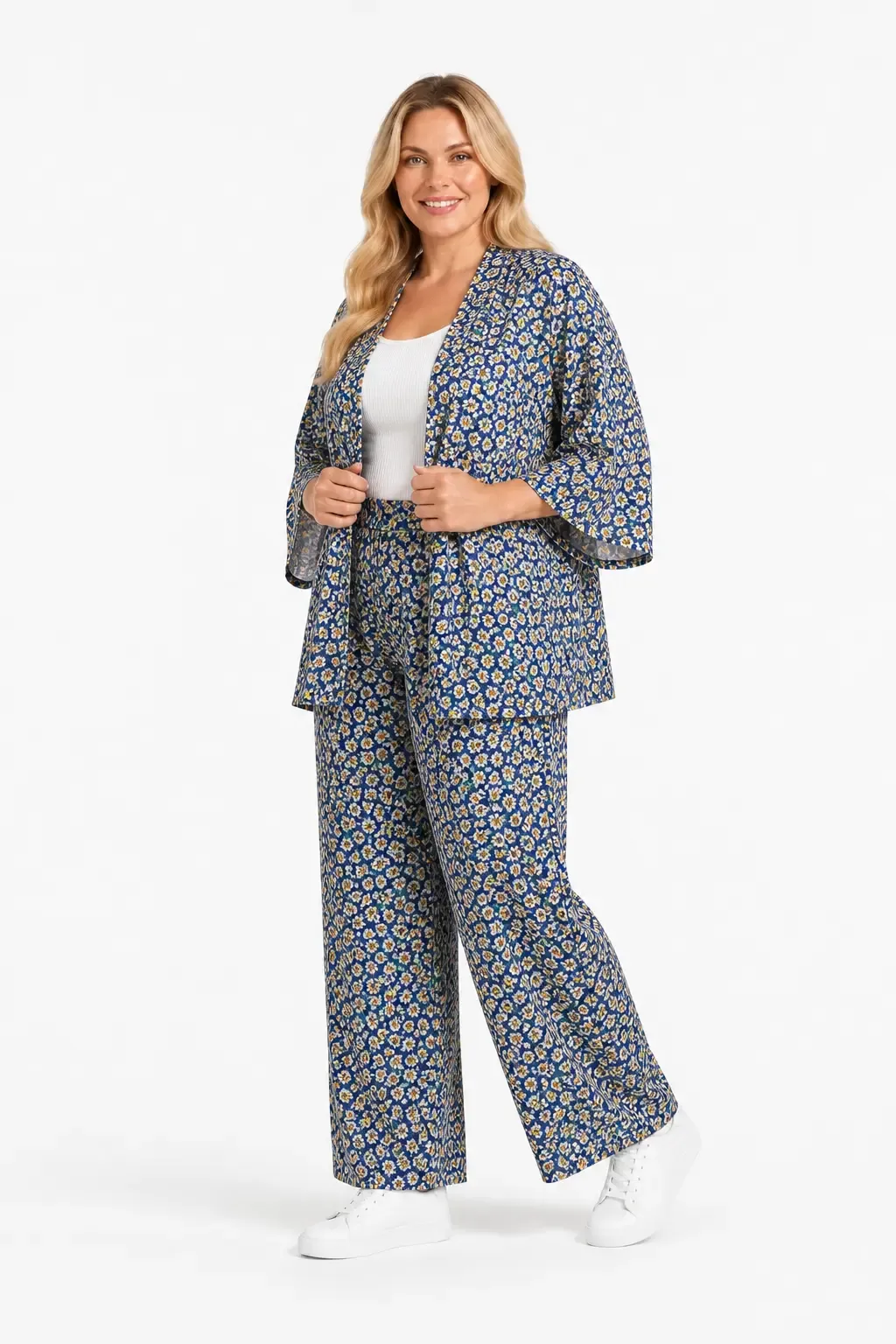 Kadın Büyük Beden Sarı Çiçek Desenli Mavi Kimono Takım HZL26S-PR10181
