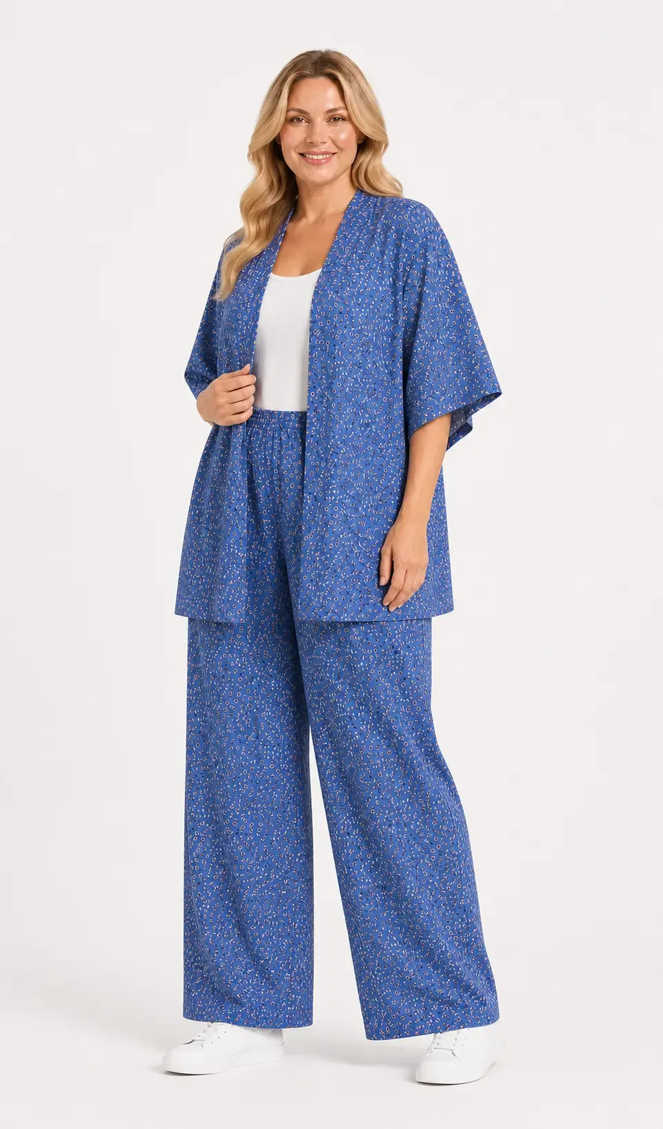 Kadın Büyük Beden Çiçek Desenli Mavi Kimono Takım HZL26S-PR10181
