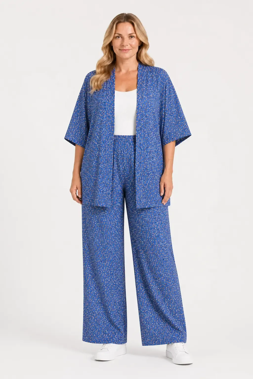 Kadın Büyük Beden Çiçek Desenli Mavi Kimono Takım HZL26S-PR10181