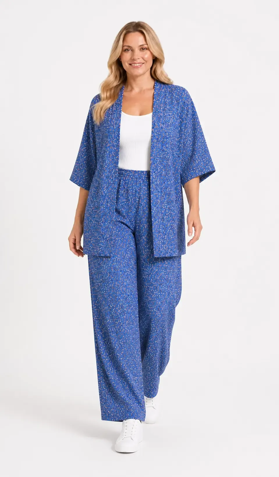 Kadın Büyük Beden Çiçek Desenli Mavi Kimono Takım HZL26S-PR10181