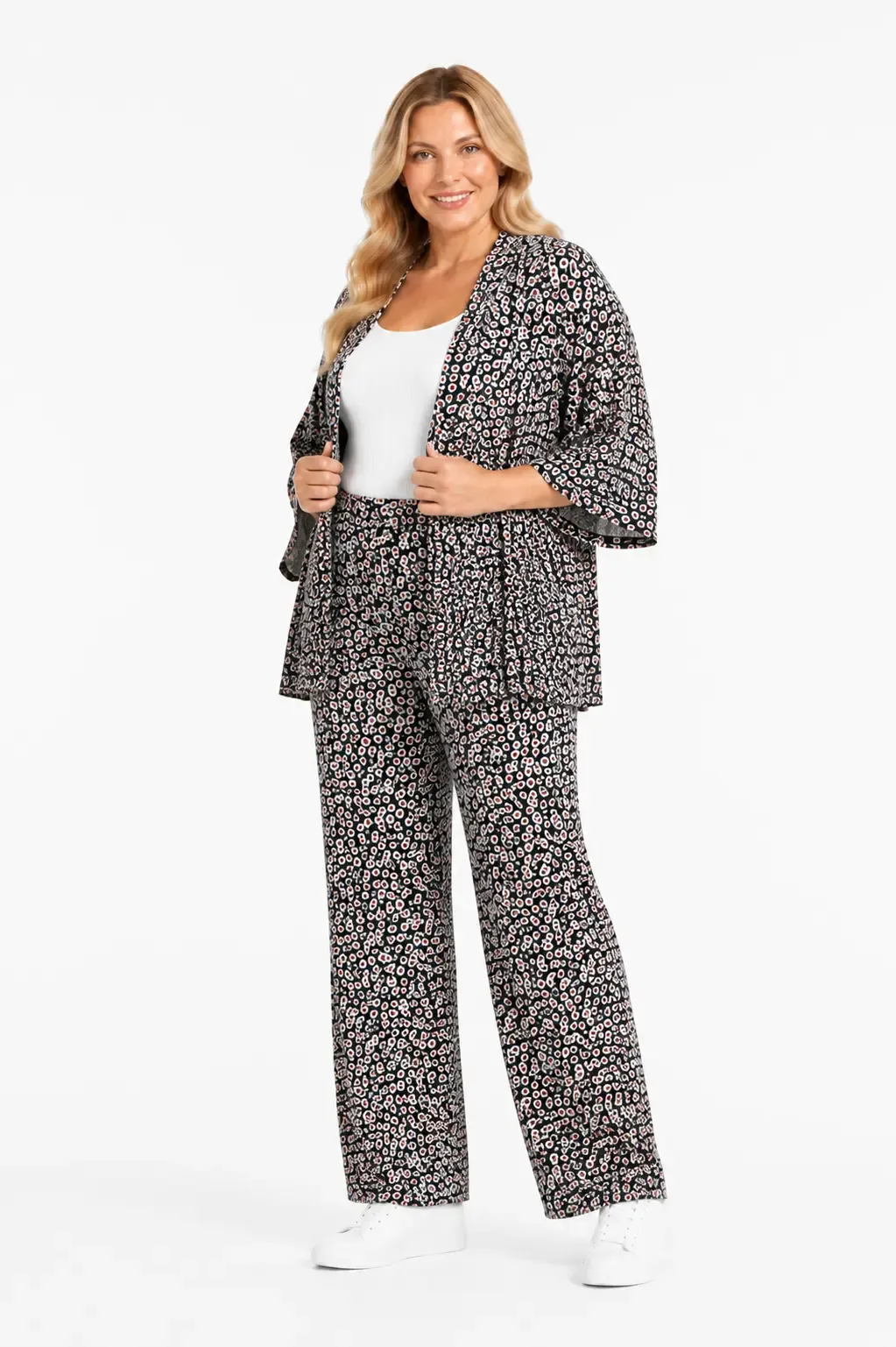Kadın Büyük Beden Çiçek Desenli Siyah Kimono Takım HZL26S-PR10181