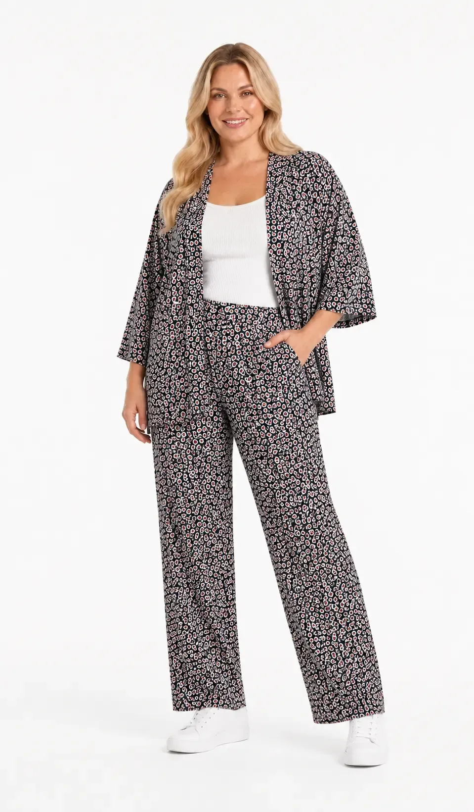Kadın Büyük Beden Çiçek Desenli Siyah Kimono Takım HZL26S-PR10181