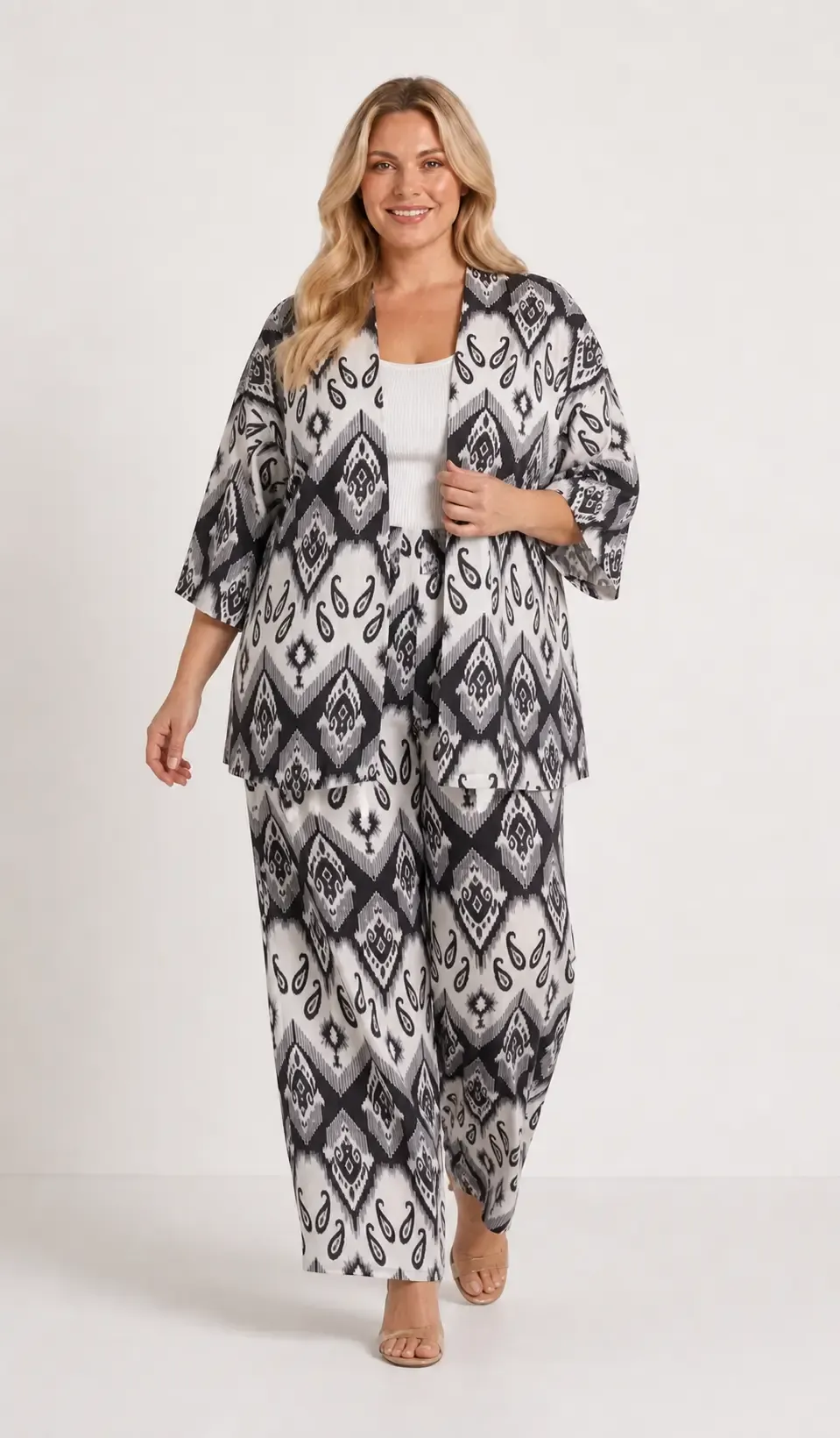 Kadın Büyük Beden Etnik Desenli Siyah Kimono Takım HZL26S-PR10181