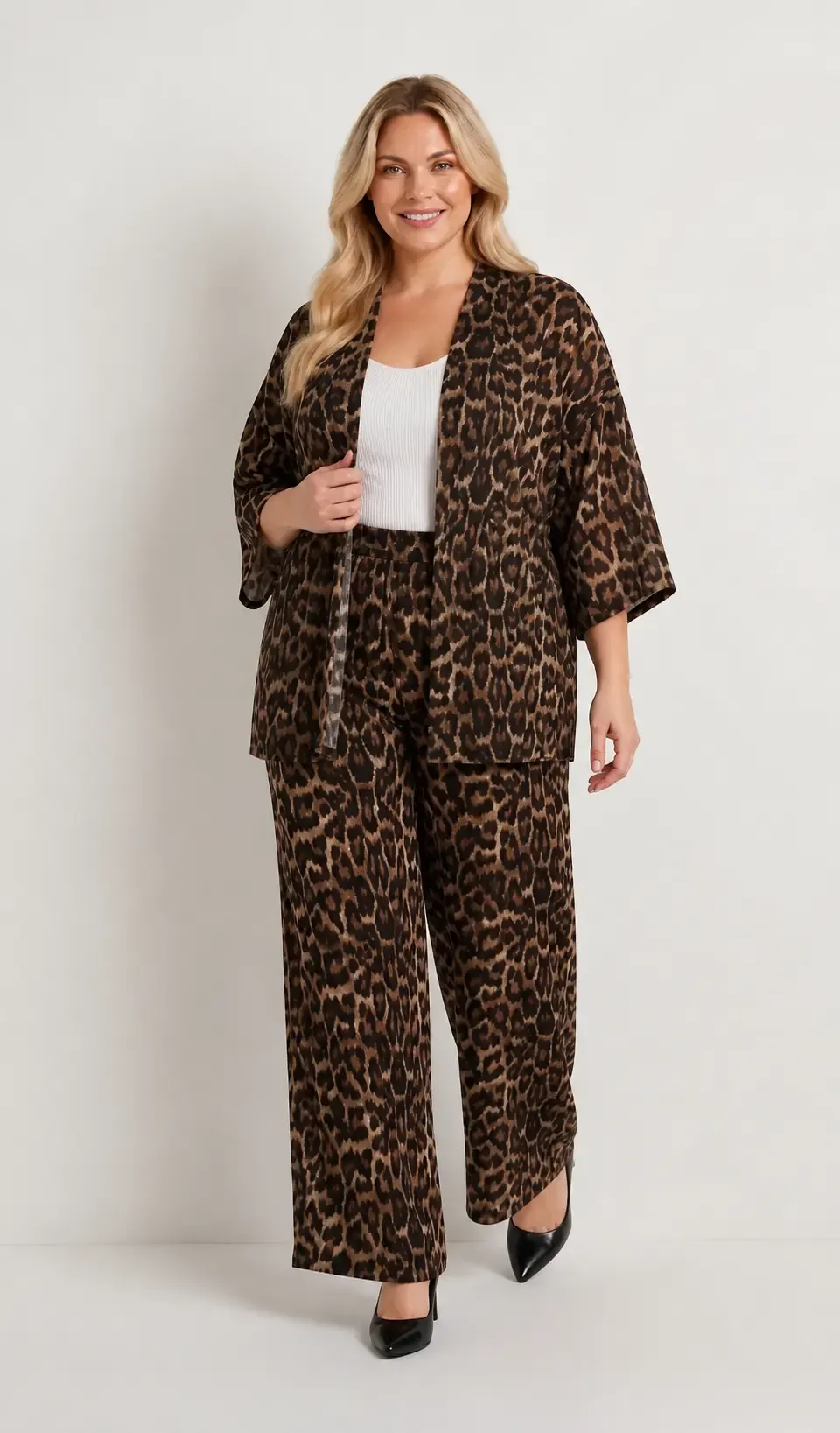 Kadın Büyük Beden Leopar Desenli Kahverengi Kimono Takım HZL26S-PR10181