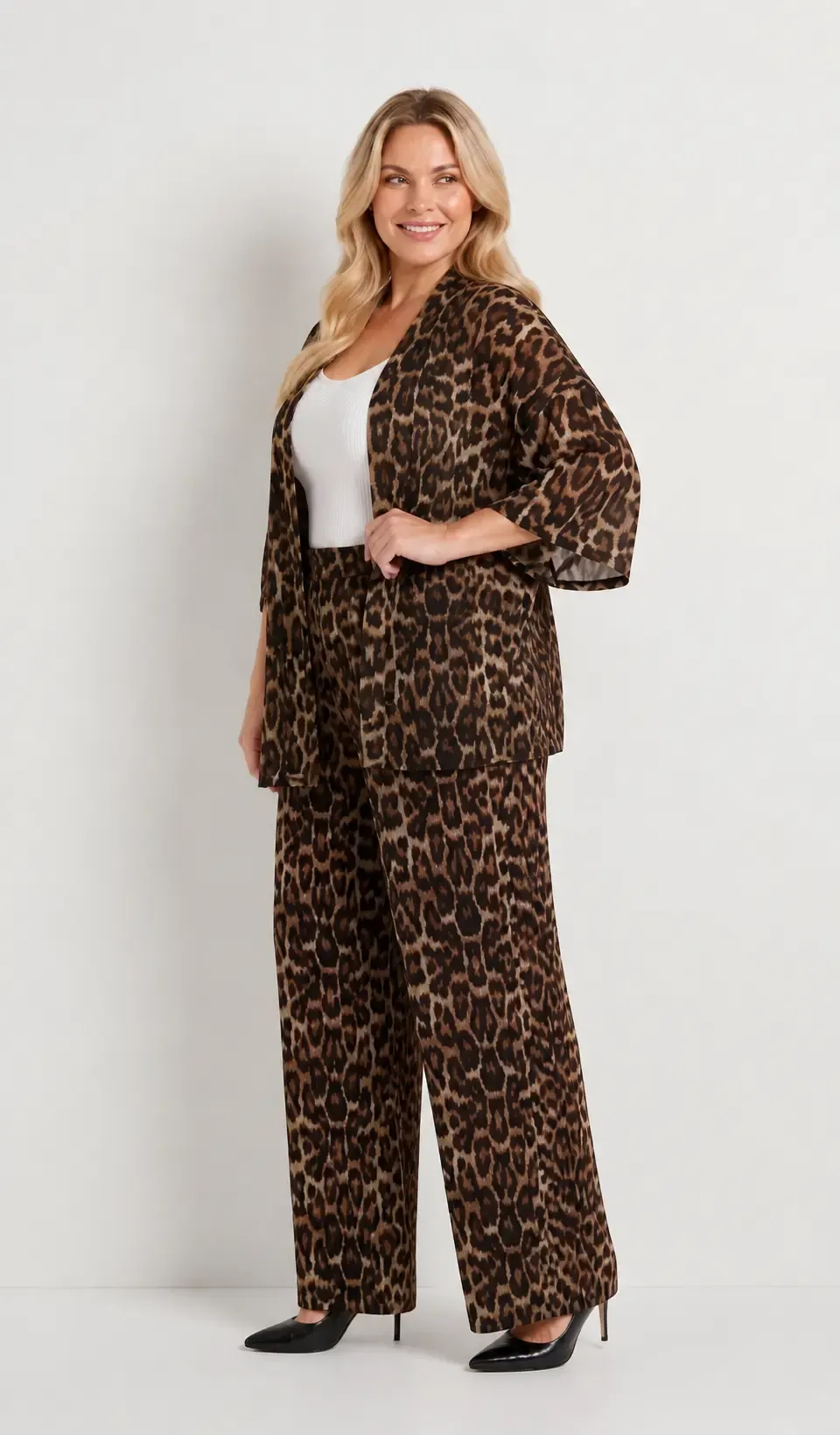 Kadın Büyük Beden Leopar Desenli Kahverengi Kimono Takım HZL26S-PR10181