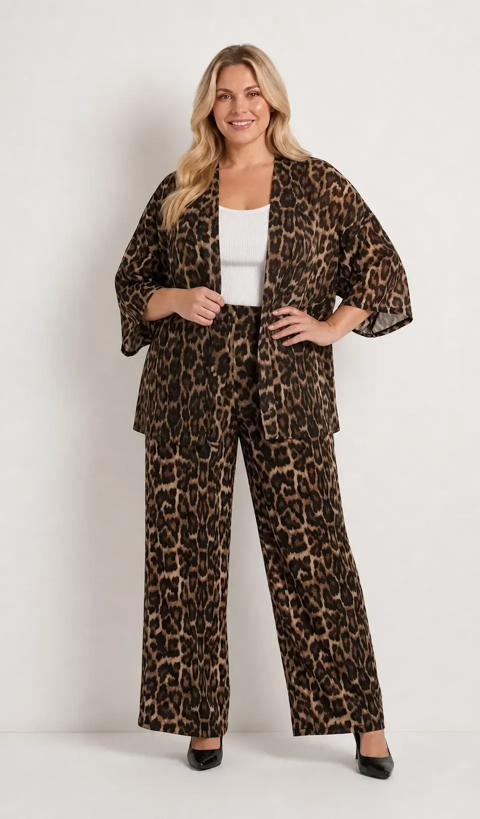 Kadın Büyük Beden Leopar Desenli Kahverengi Kimono Takım HZL26S-PR10181