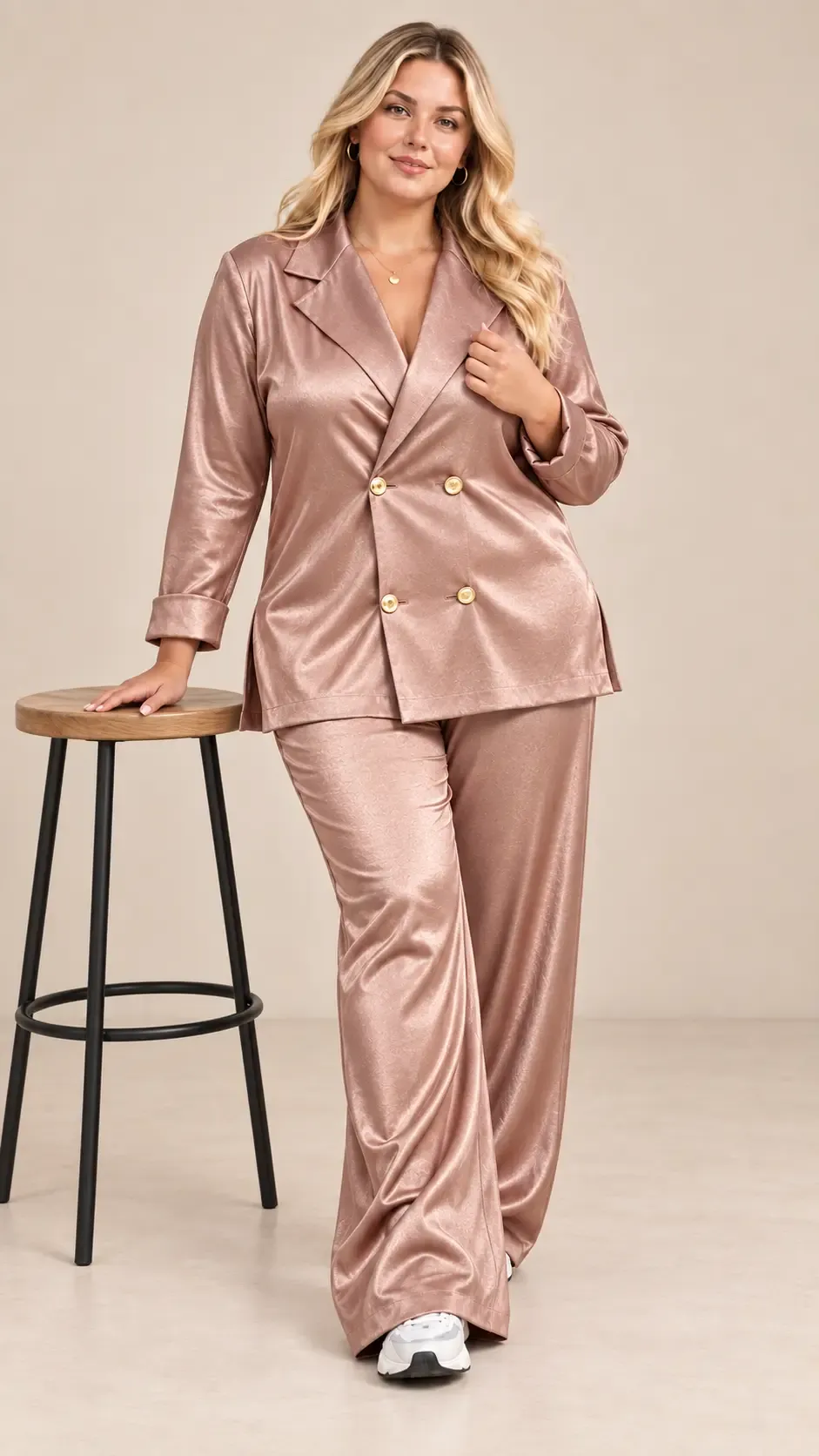 Kadın Büyük Beden RoseGold Kruvaze Yaka Gold Düğmeli Lastikli Pantolon Takımı HZL26S-ZSS111461