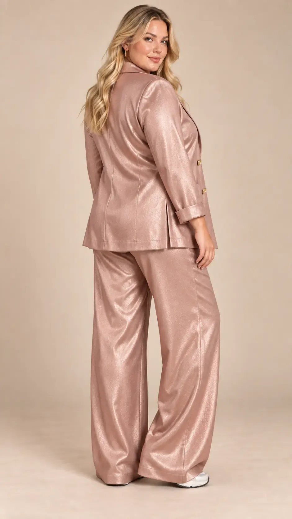 Kadın Büyük Beden RoseGold Kruvaze Yaka Gold Düğmeli Lastikli Pantolon Takımı HZL26S-ZSS111461