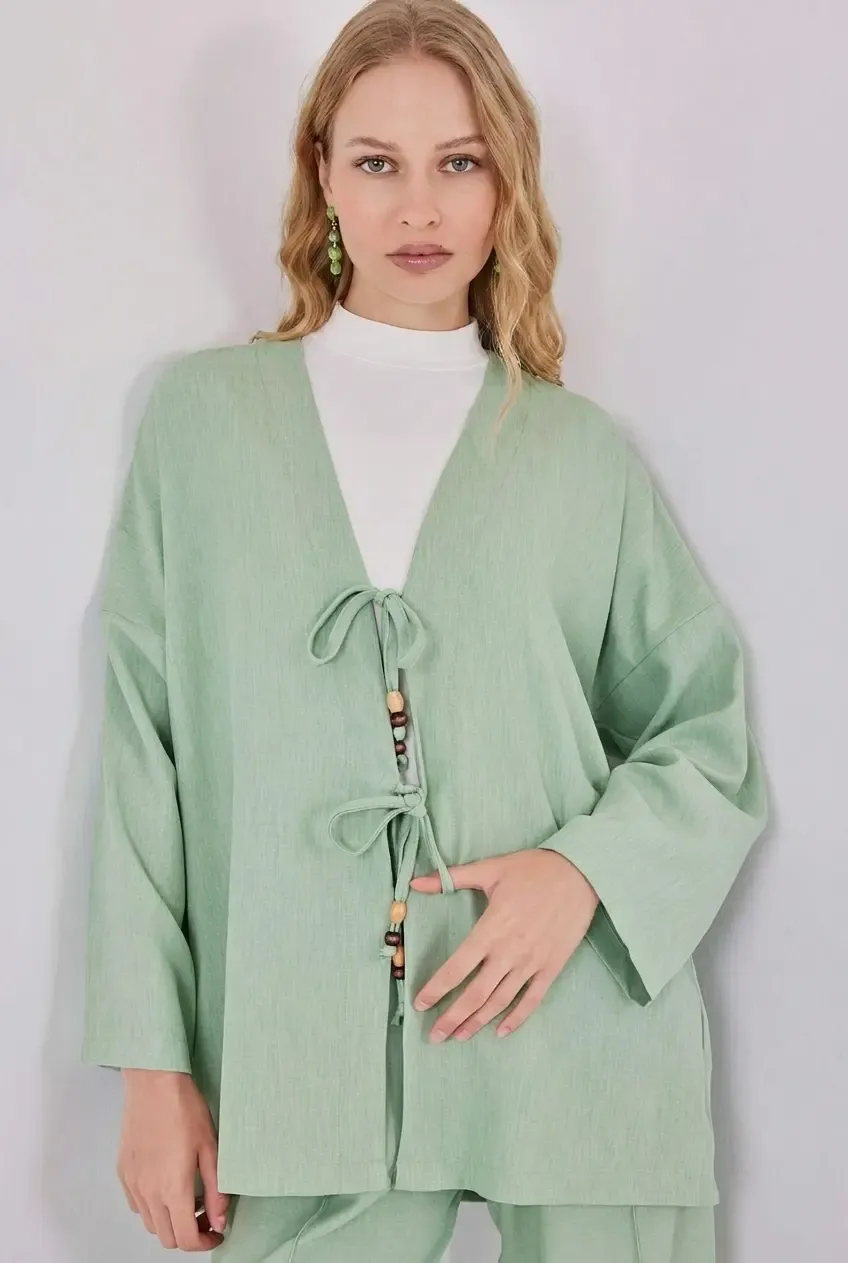 Kadın Çağla Yeşili Keten Bağlama Detaylı Kimono Pantolon İkili Takım HZL26S-BD167271